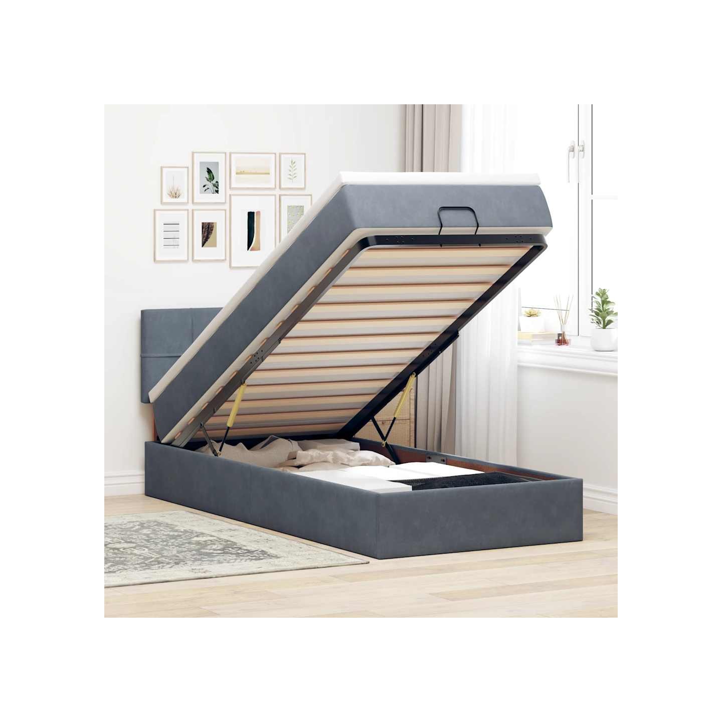 Cadre de lit ottoman et matelas gris foncé 90x200 cm velours
