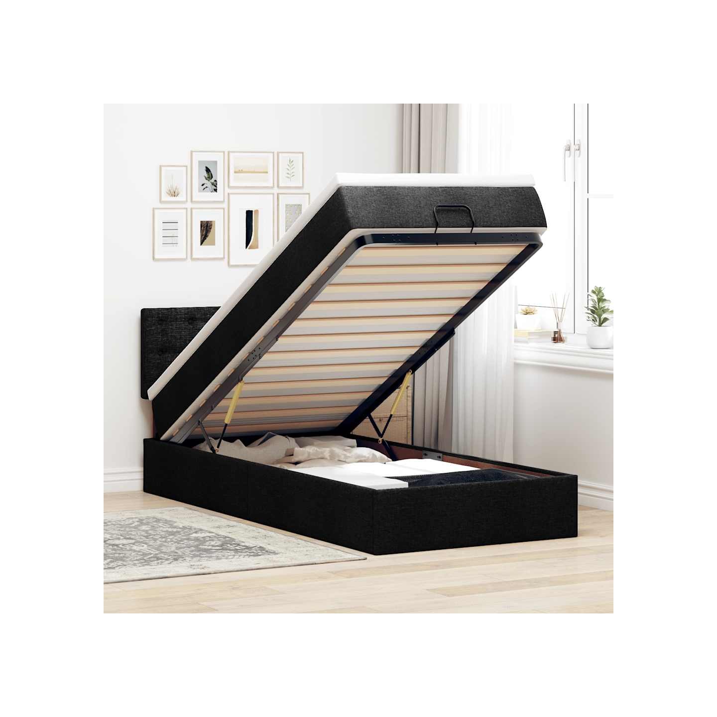 Lit ottoman avec matelas noir 90x200 cm tissu