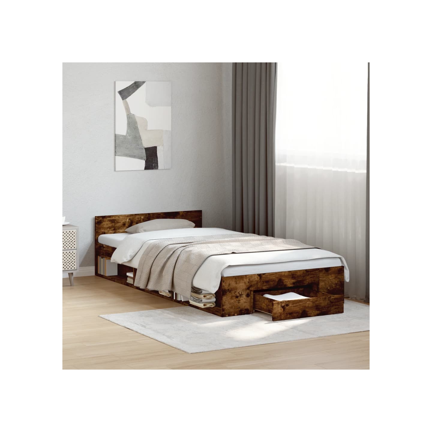 Cadre de lit avec tiroir sans matelas chêne fumé 90x200 cm