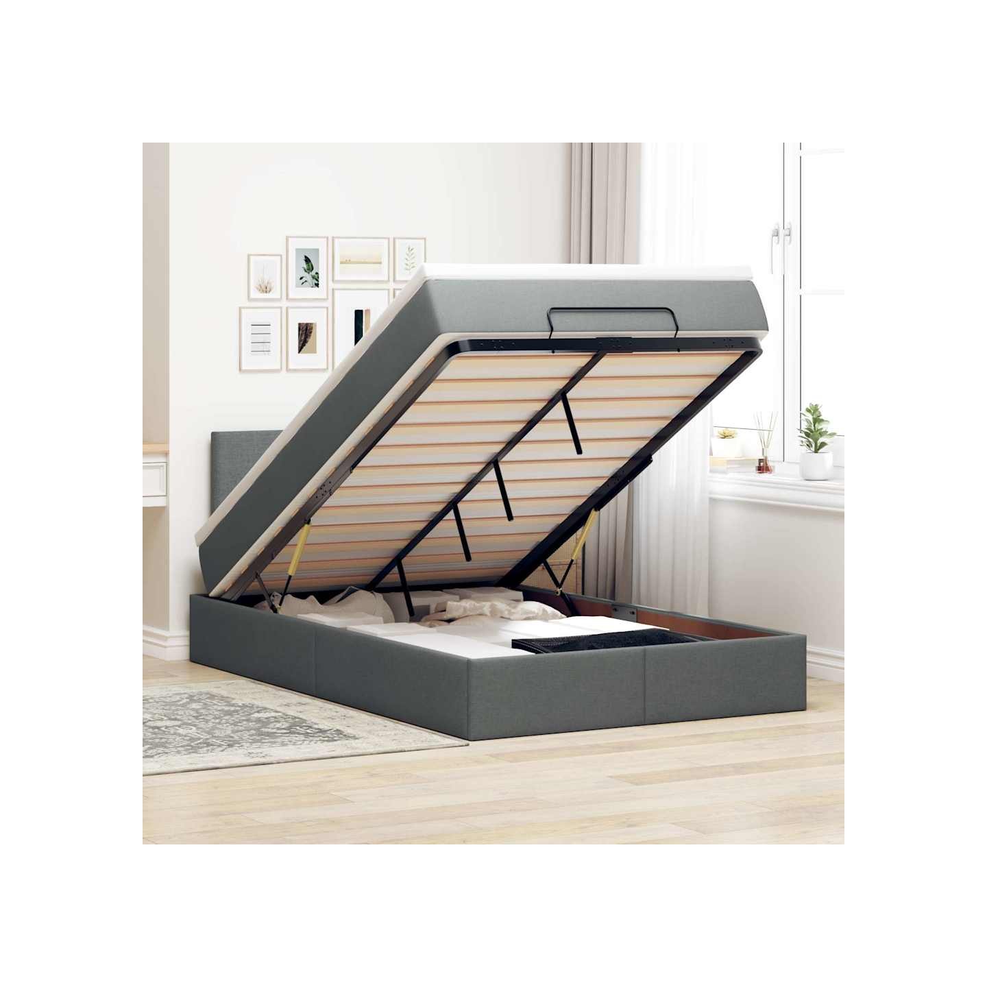 Lit ottoman avec matelas et LED gris foncé 120x200 cm tissu