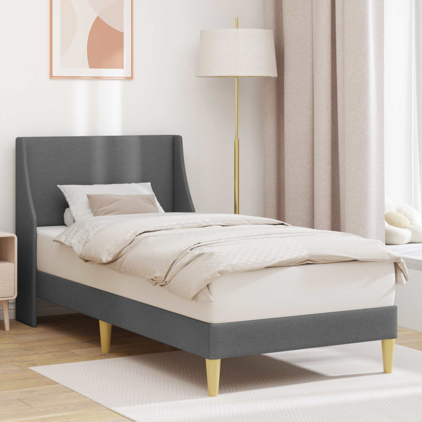 Cadre de lit Uni avec tête de lit Gris foncé 90 x 200 cm tissu