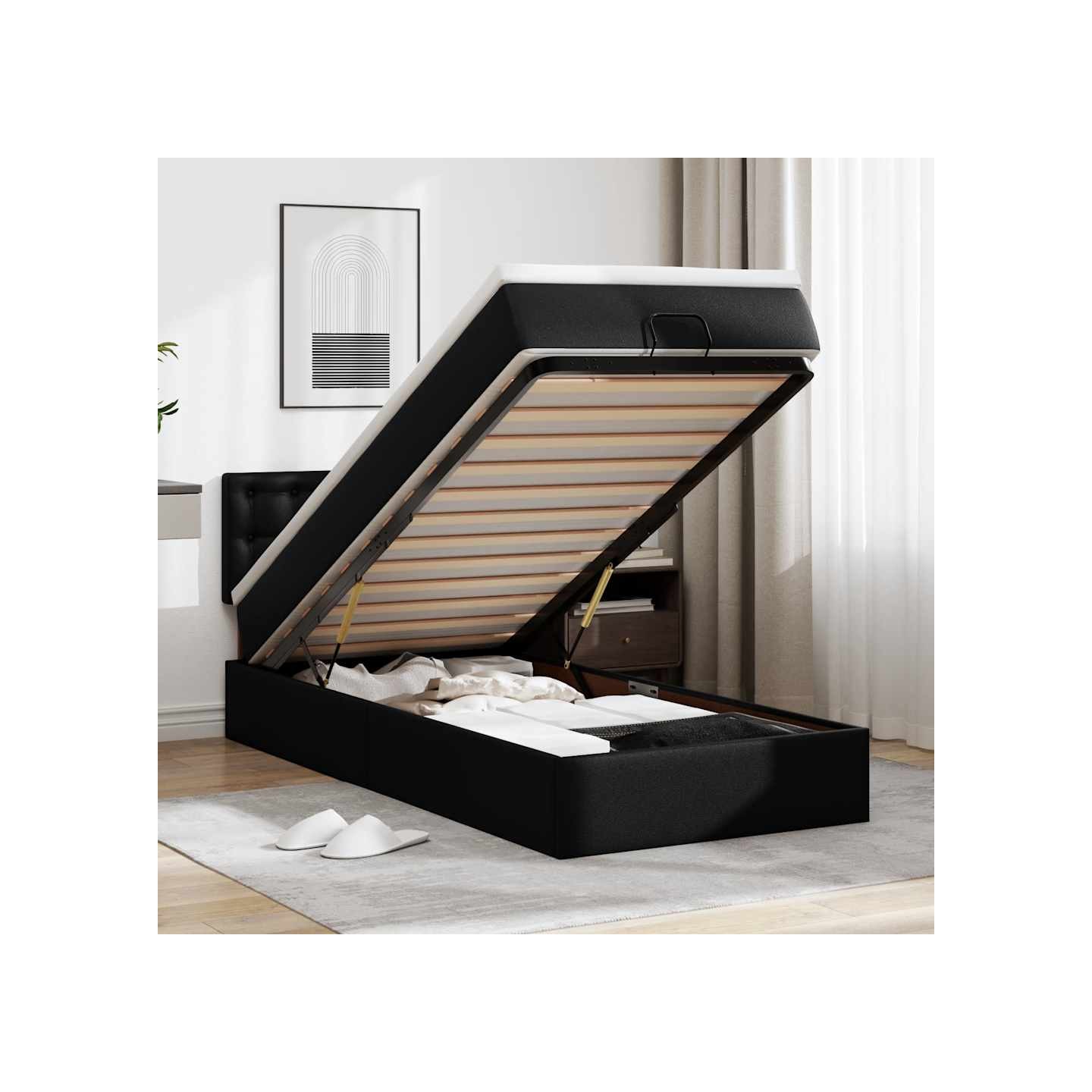 Lit ottoman avec matelas noir 90x200 cm similicuir