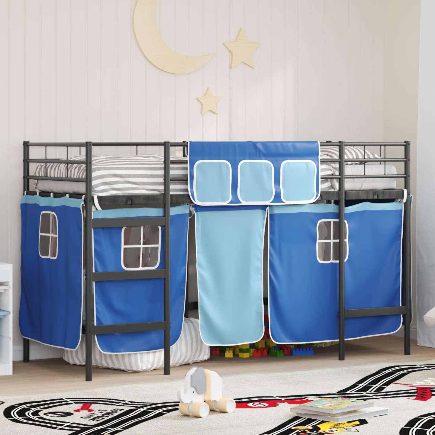 Cadre de lit superposé pour enfants avec rideaux Noir et Bleu
