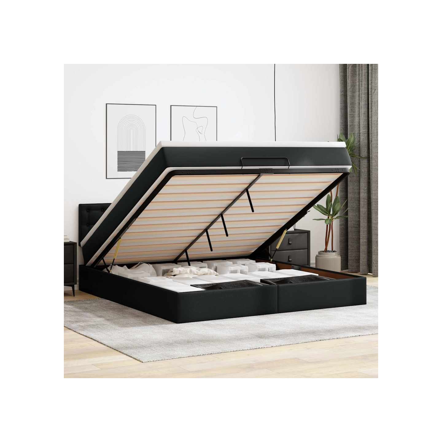 Lit ottoman avec matelas & LED Noir 160x200cm similicuir