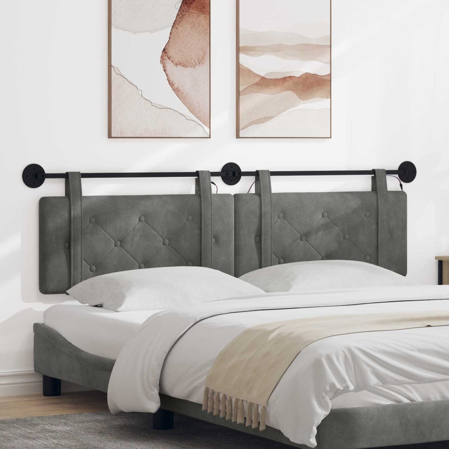 Tête de lit suspendue Avec lumière LED Gris foncé Velours