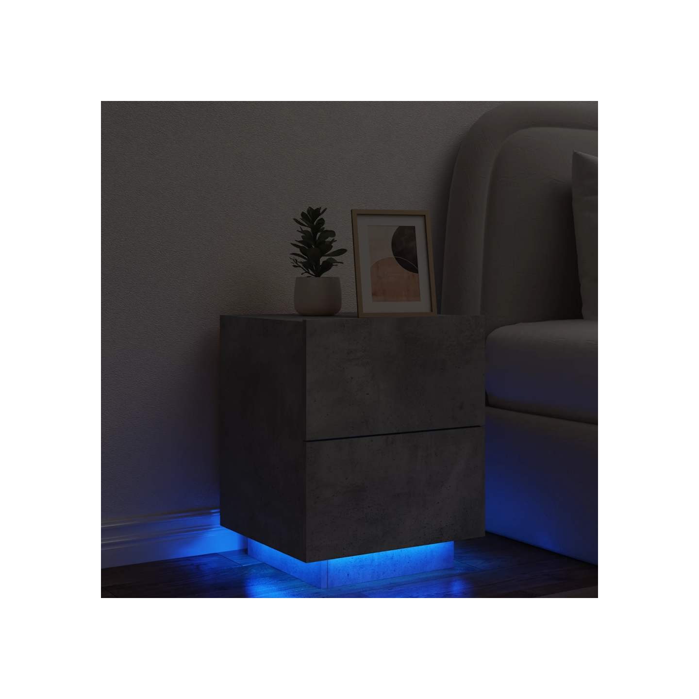 Armoire de chevet et lumières LED gris béton bois d'ingénierie