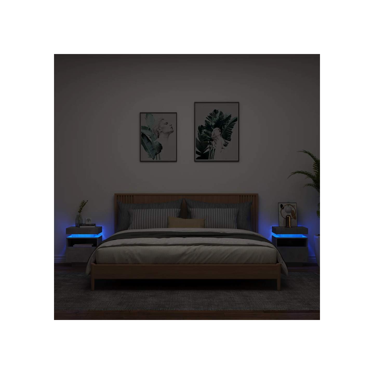 Armoires de chevet avec lumières LED 2 pcs gris béton