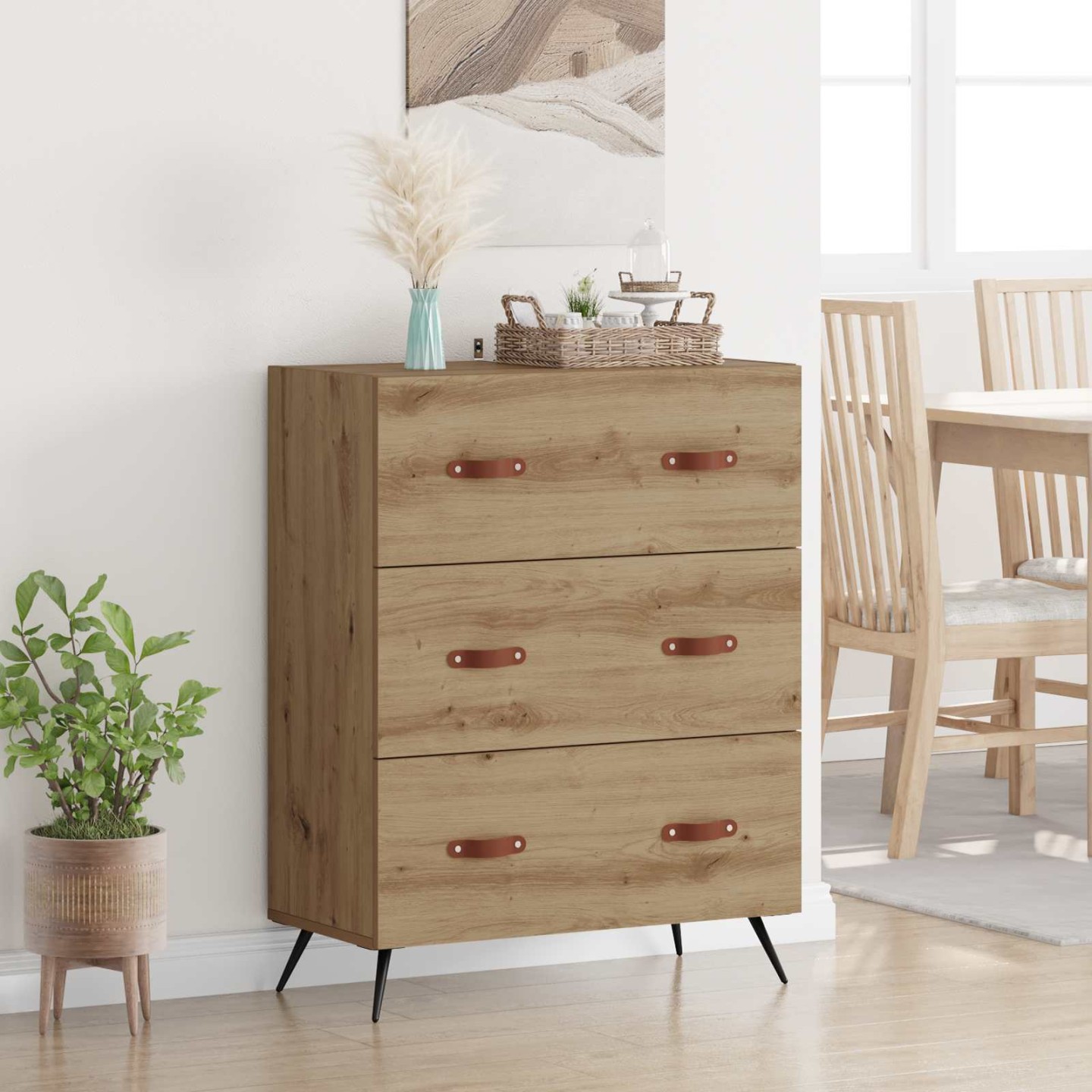 Commode 3-Tiroir Chêne Artisanal 69,5 x 34 x 90 cm
