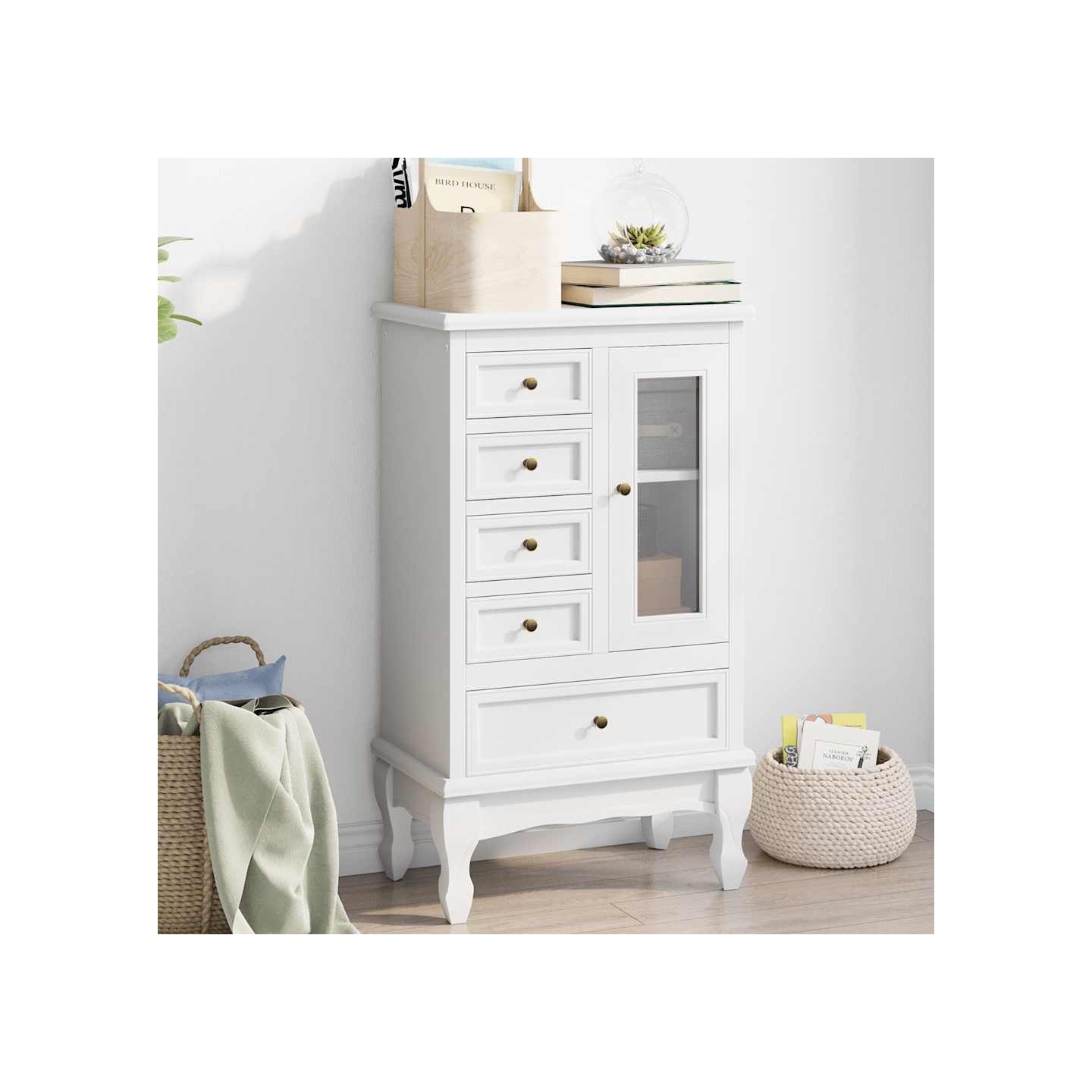 Armoire avec 5 tiroirs et 2 étagères Blanc