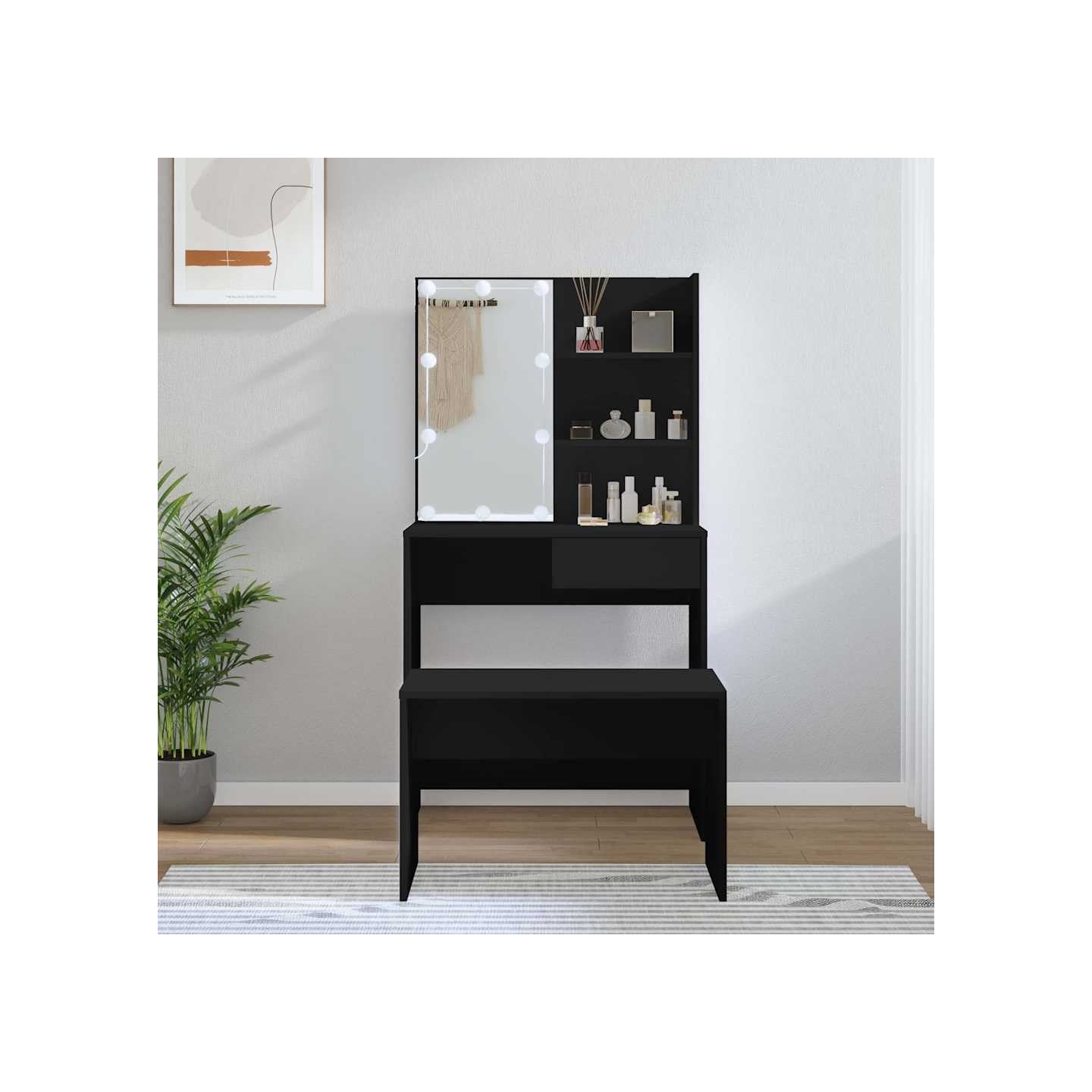 Ensemble de coiffeuse avec LED Noir Bois d'ingénierie
