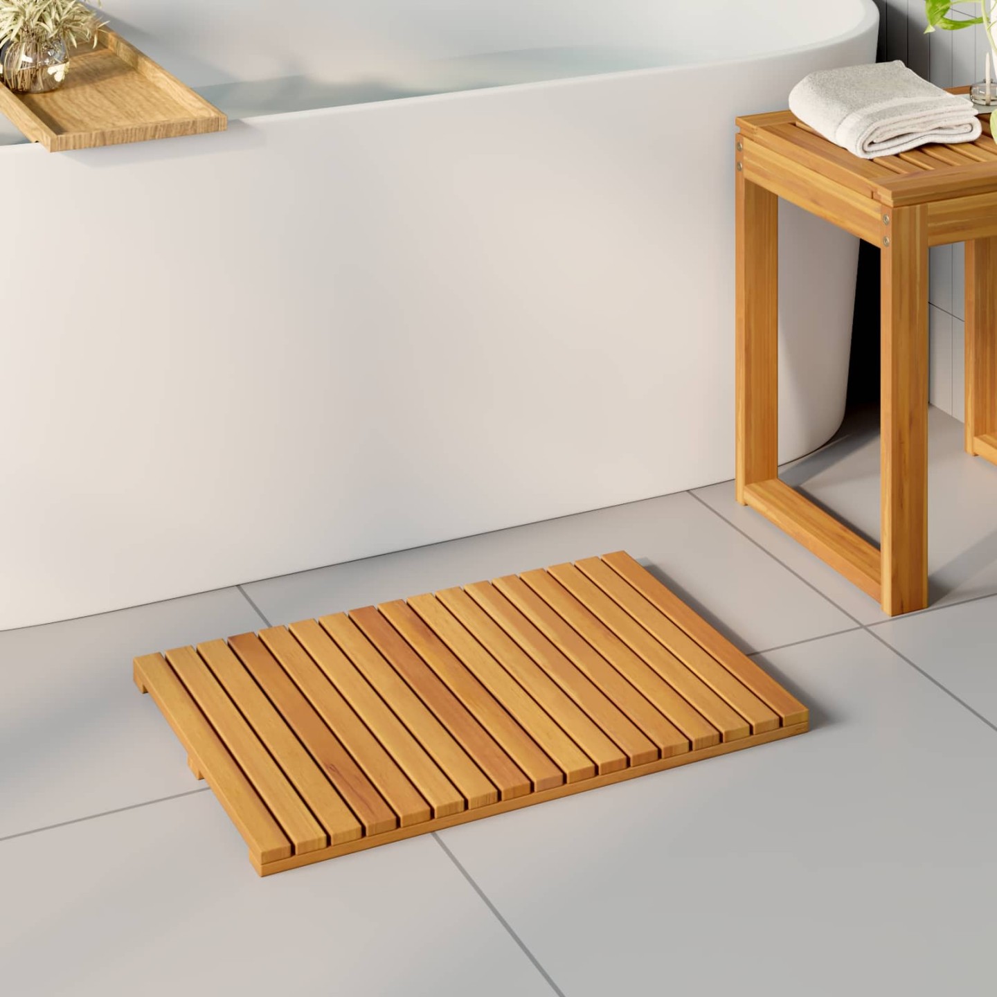Tapis de bain 2 pc Naturel 60 x 40 cm Bois d'Acacia Massif