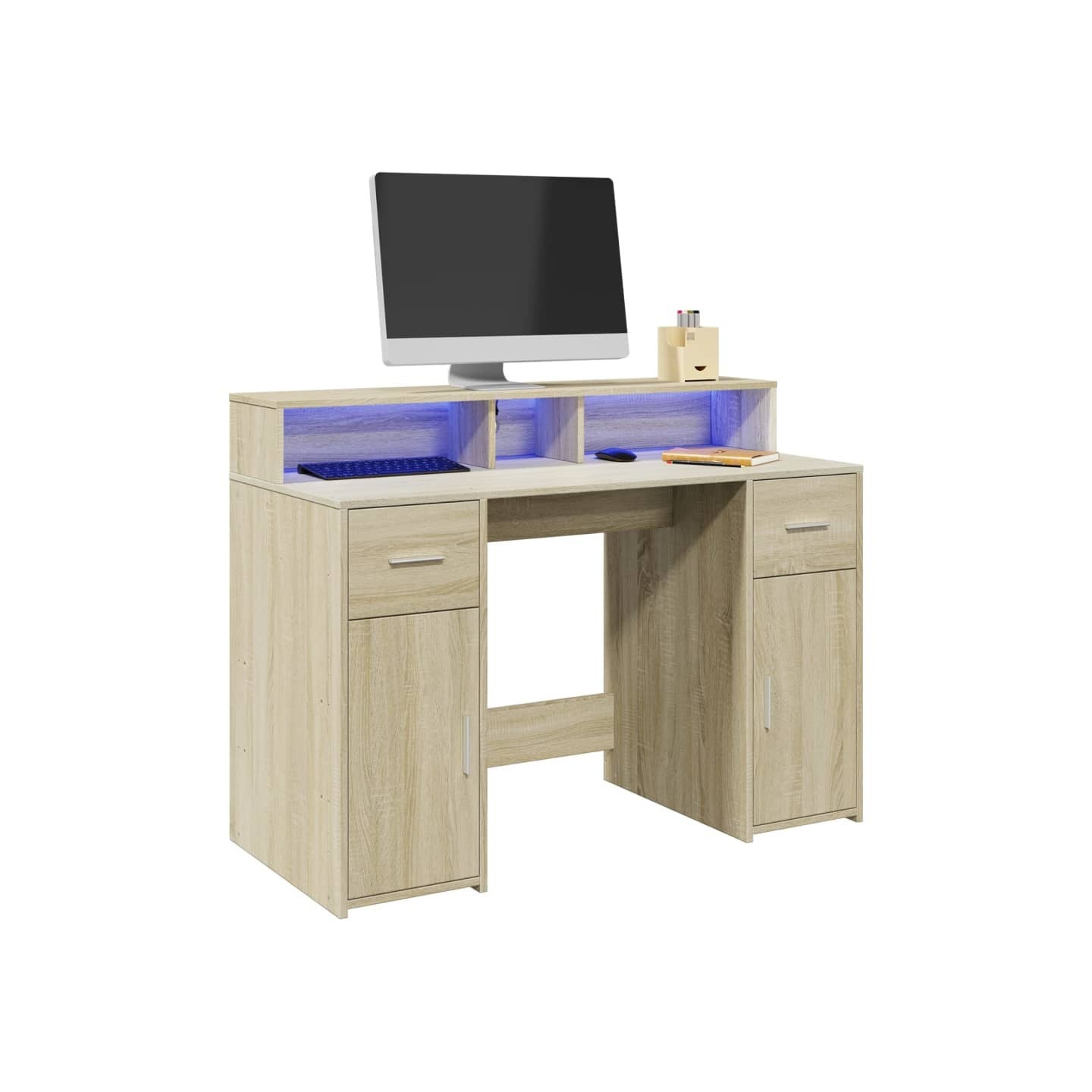 Bureau avec lumières LED chêne sonoma bois d'ingénierie