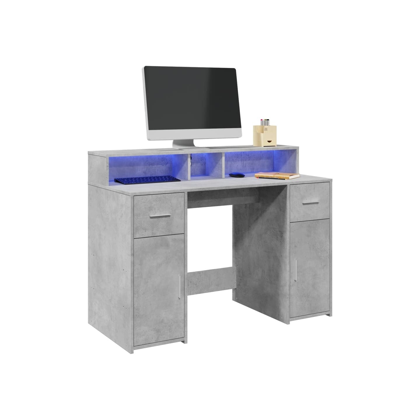 Bureau et lumières LED gris béton 120x55x91cm bois d'ingénierie