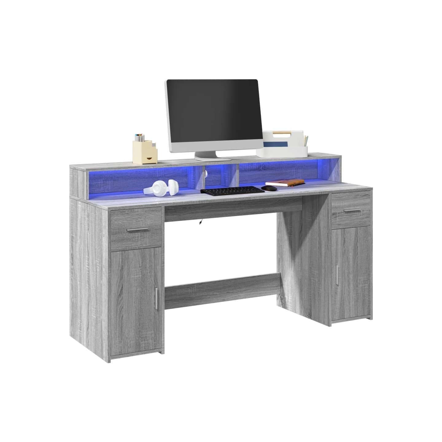 Bureau et lumières LED sonoma gris 160x55x91 cm bois ingénierie