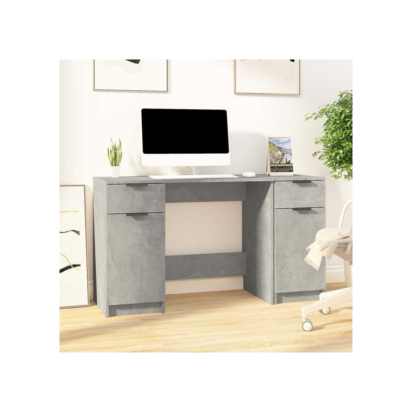 Bureau avec armoire latérale Gris béton Bois d'ingénierie