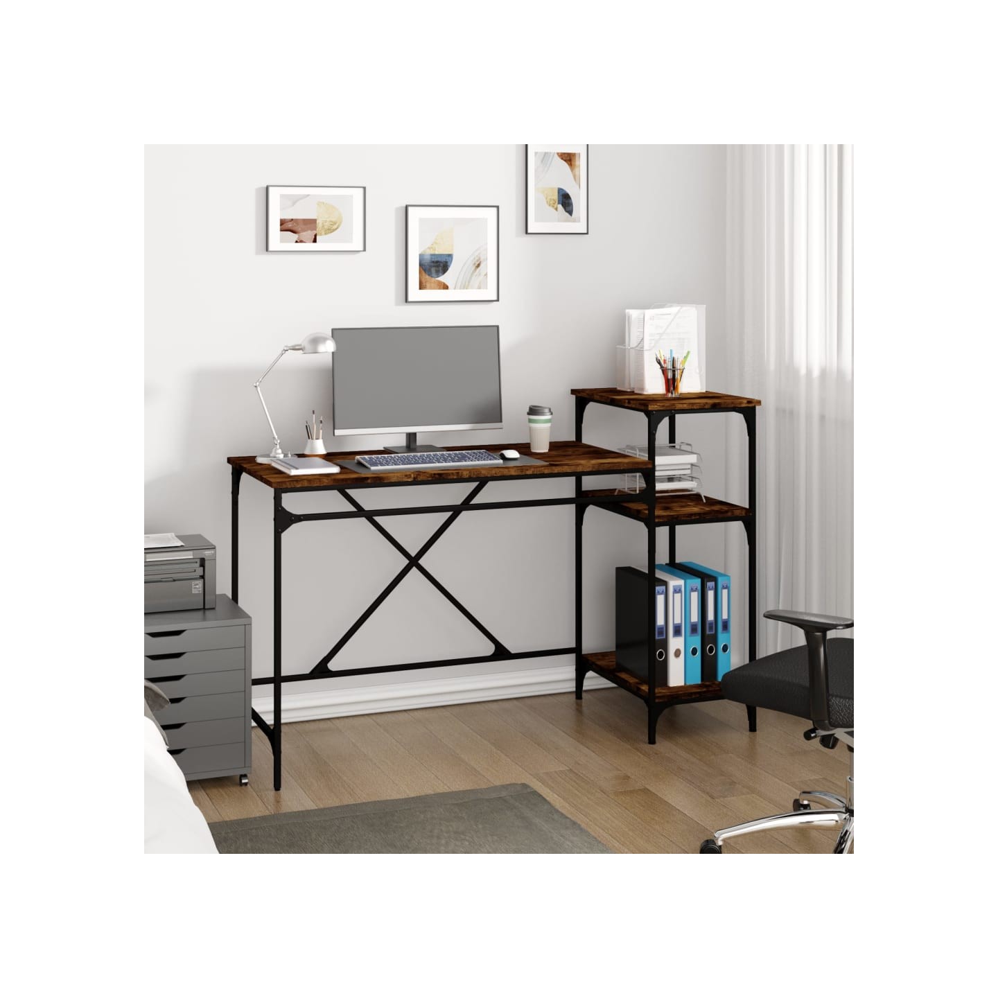 Bureau et étagères chêne fumé 135x50x90cm bois d'ingénierie/fer