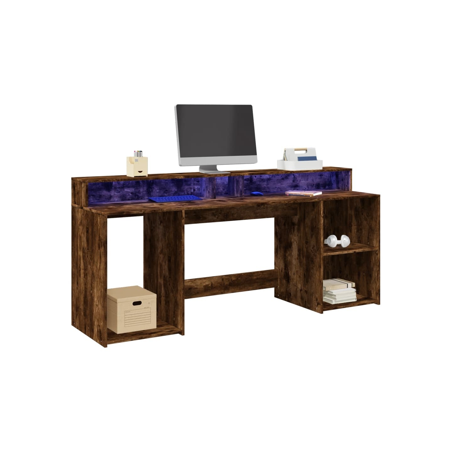 Bureau et lumières LED chêne fumé 200x55x91cm bois d'ingénierie