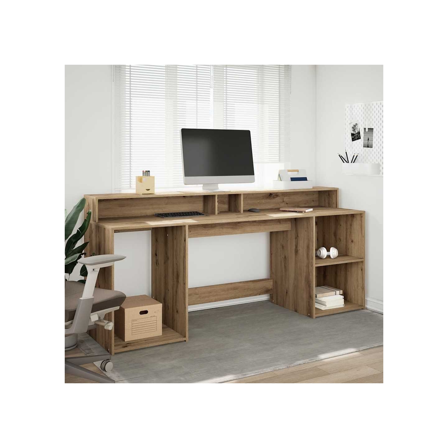 Bureau avec lumières LED chêne artisanal bois d'ingénierie