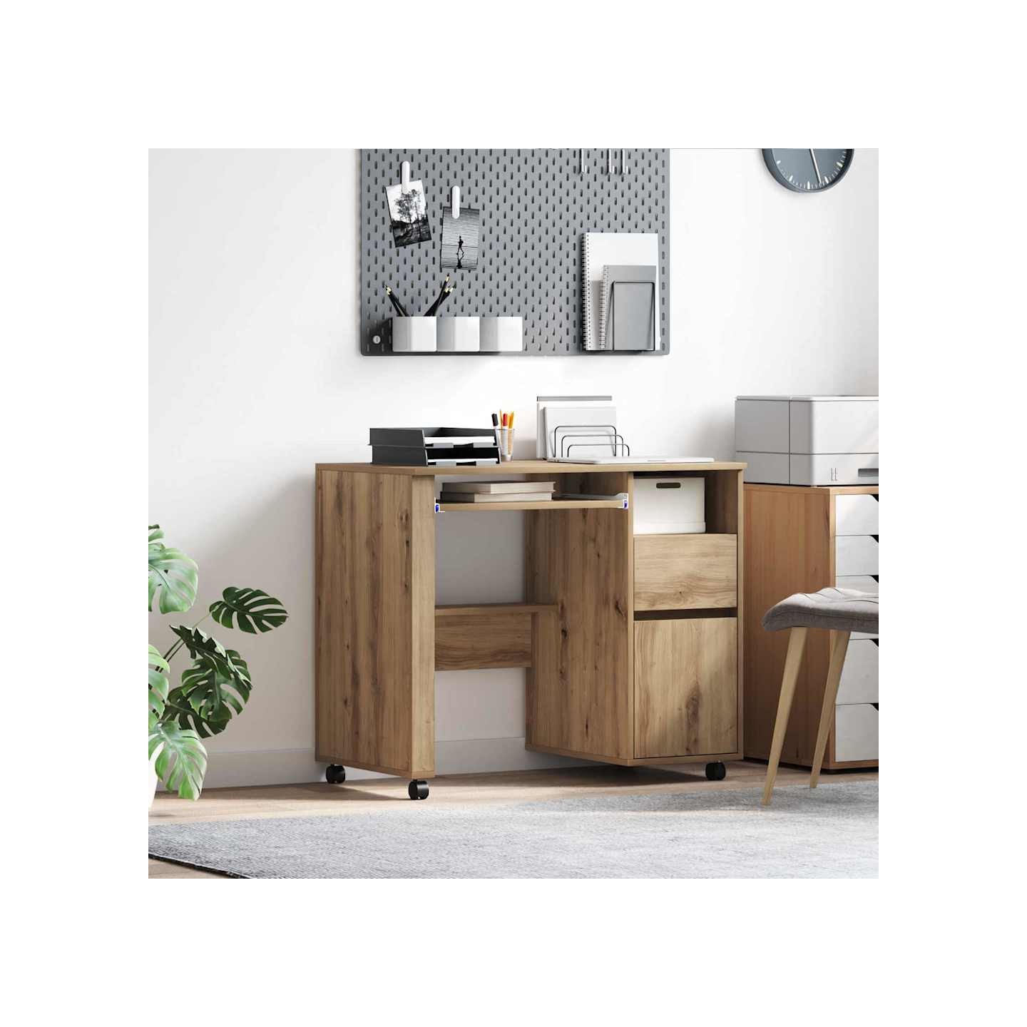 Bureau avec roues Chêne artisanal Bois d'ingénierie
