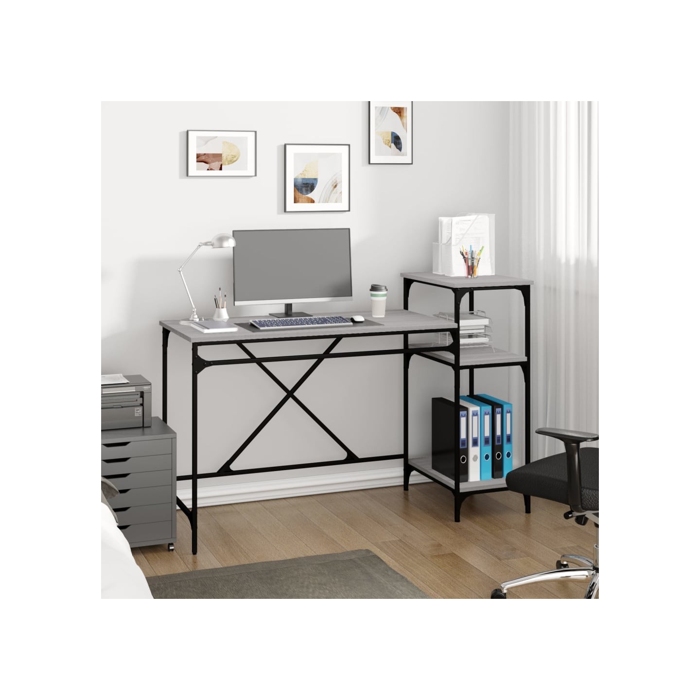 Bureau et étagères sonoma gris 135x50x90 cm bois ingénierie/fer