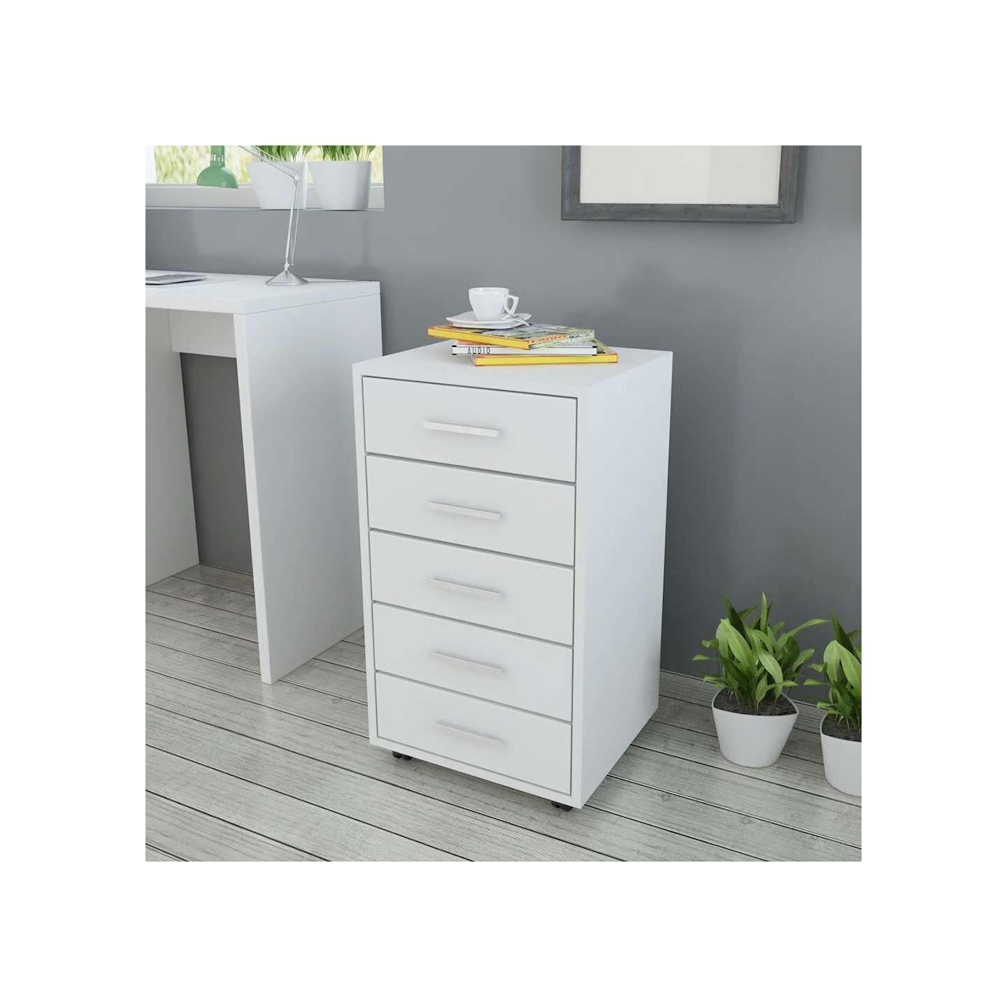 Caisson à tiroir de bureau avec roulettes et 5 tiroirs blanc