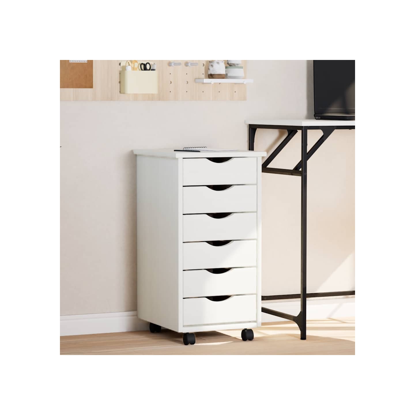 Armoire roulante avec tiroirs MOSS blanc bois de pin solide