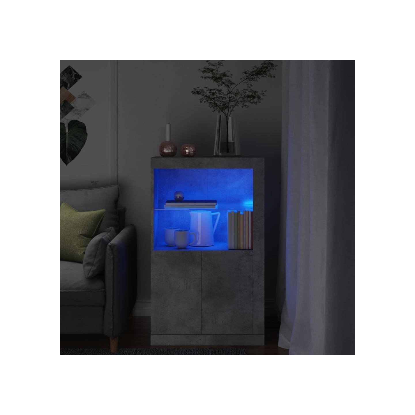 Armoire latérale avec lumières LED gris béton bois d'ingénierie
