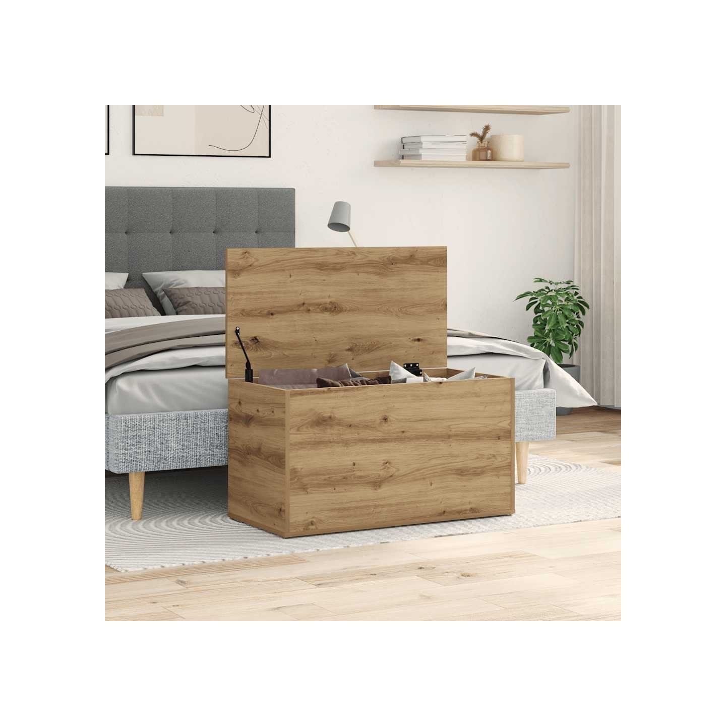 Coffre de rangement chêne artisanal 84x42x46 cm bois ingénierie