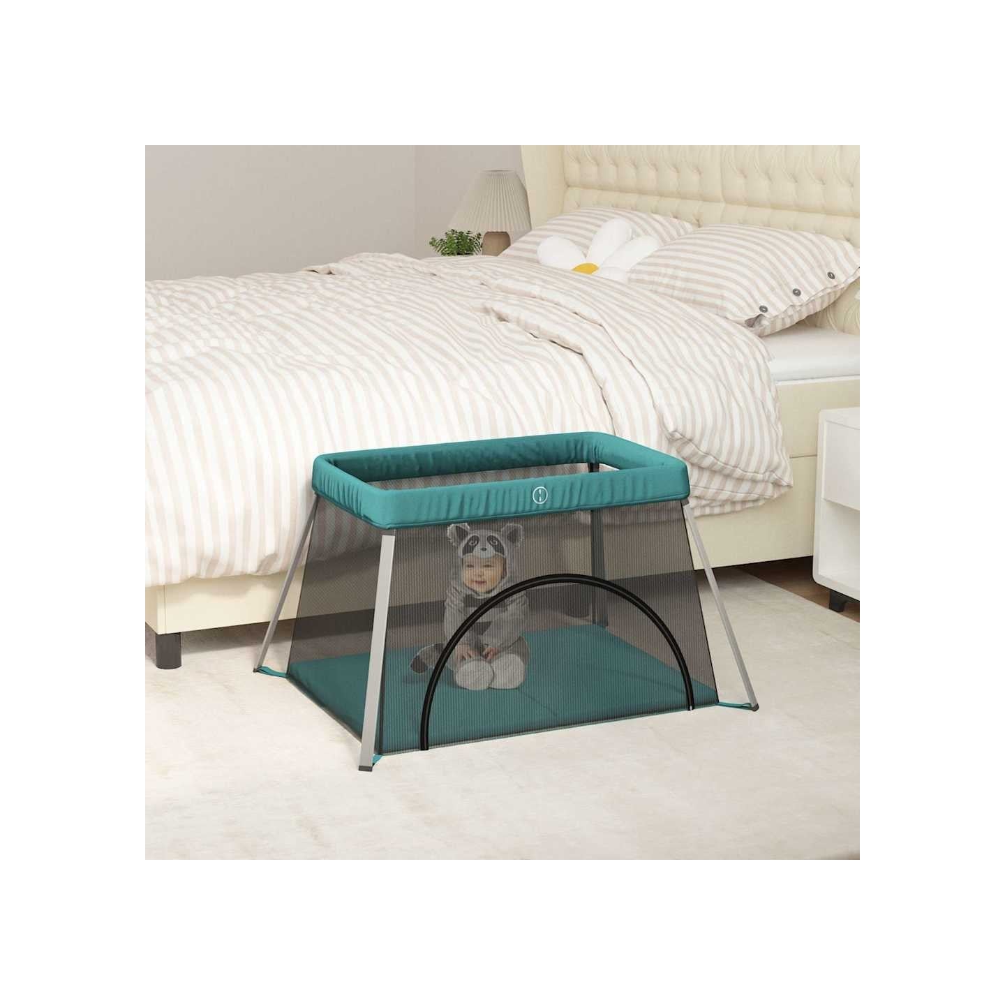 Parc pour bébé avec matelas Vert Tissu de lin