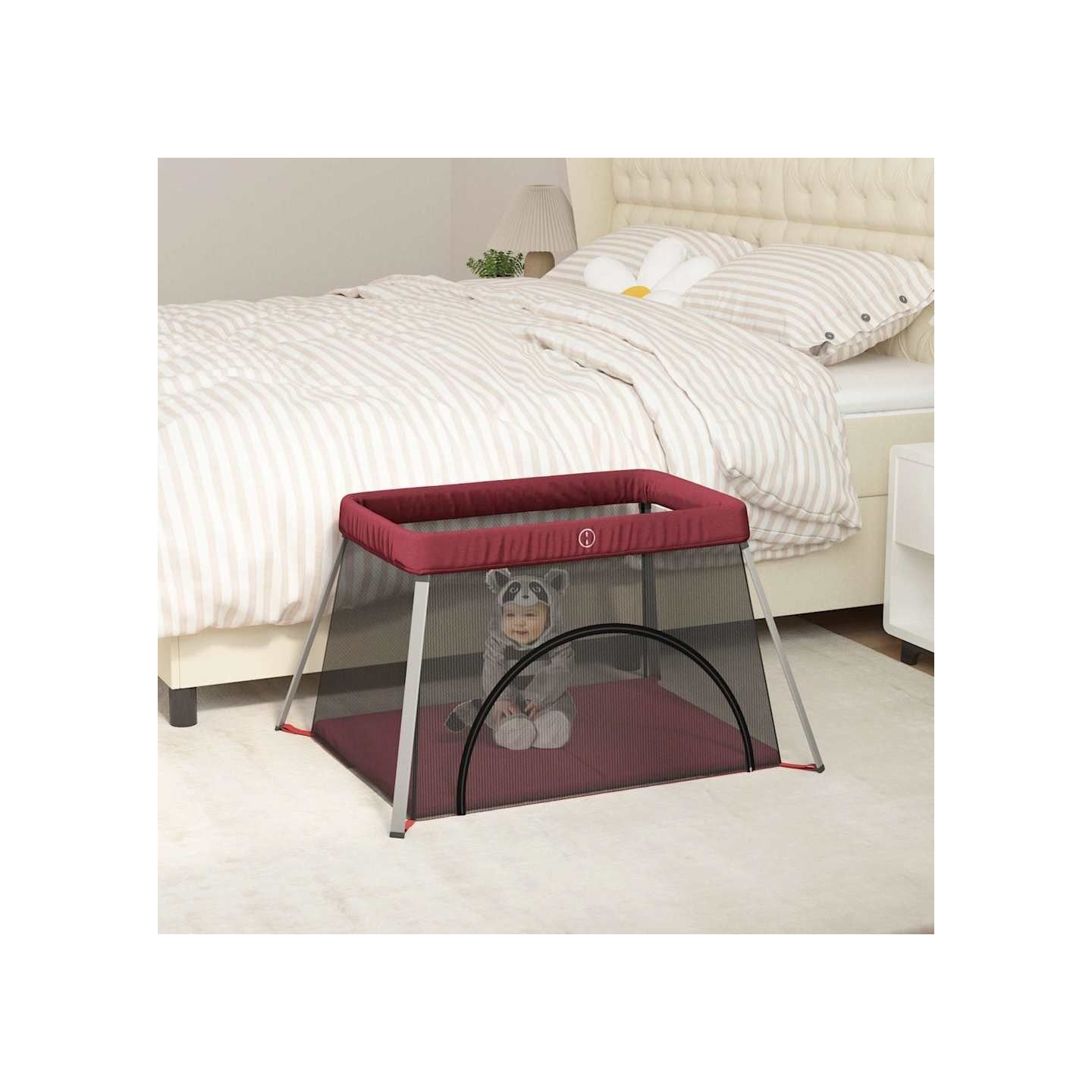 Parc pour bébé avec matelas Rouge Tissu de lin