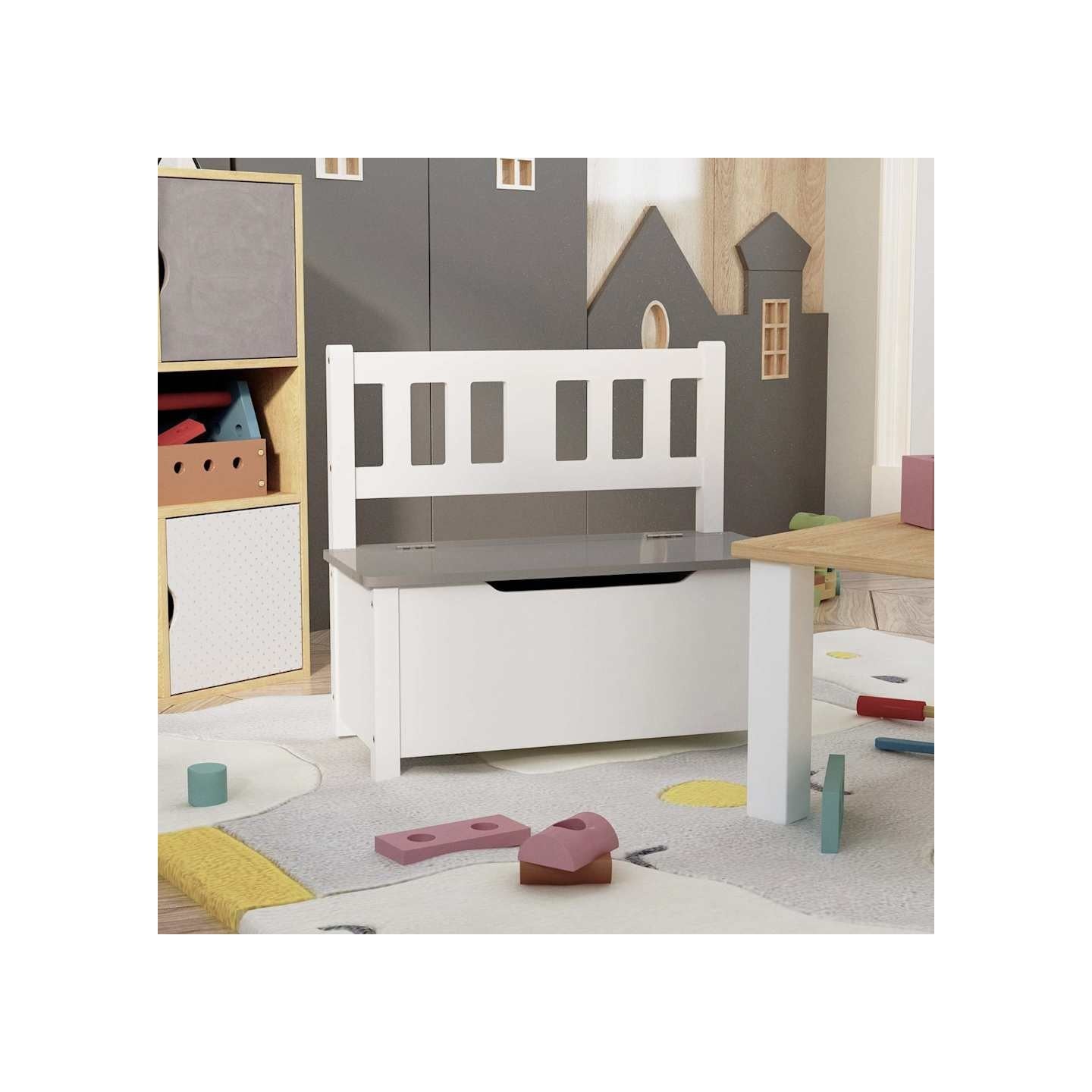 Banc de rangement pour enfants Blanc et gris 60x30x55 cm MDF