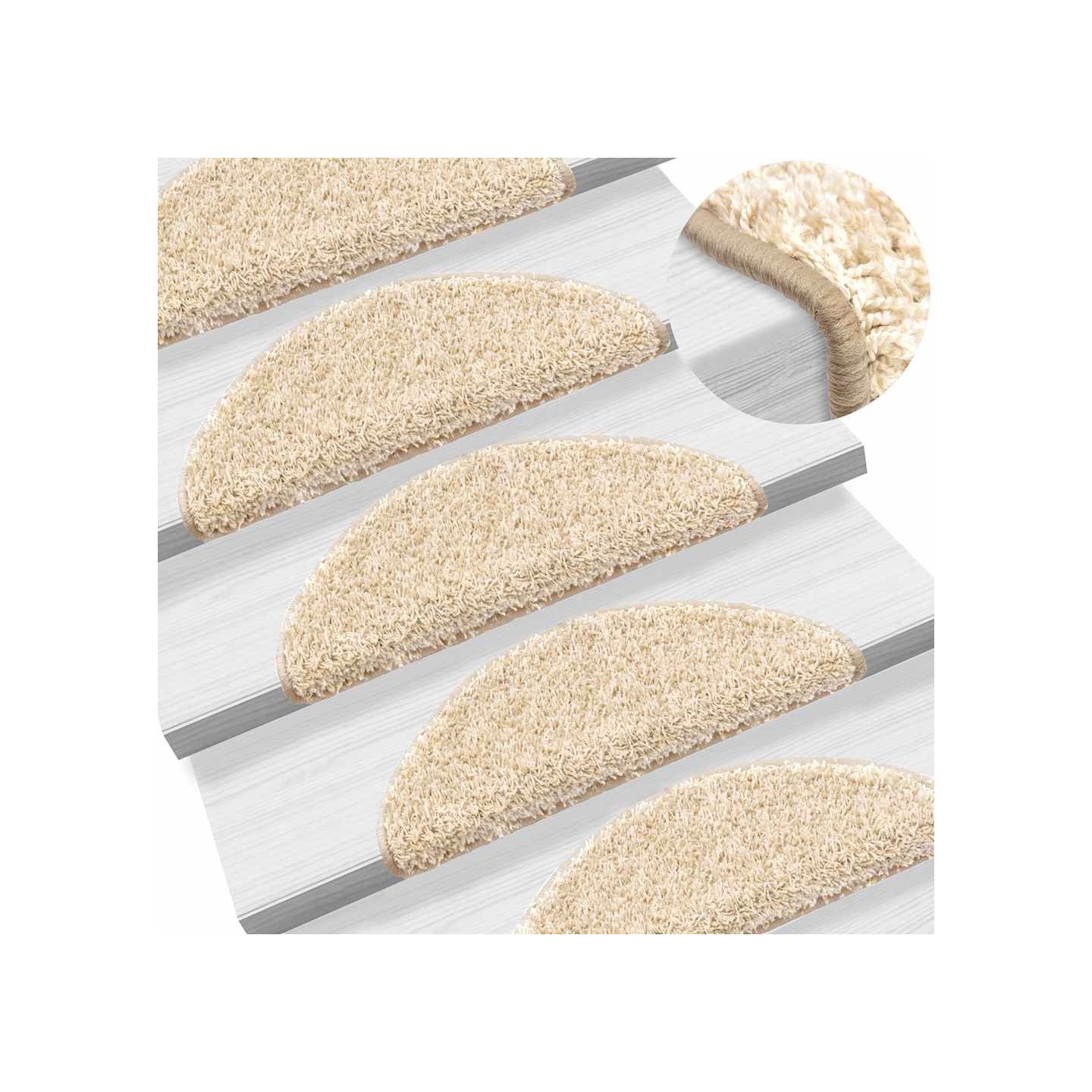 Tapis d'escalier 15 pièces 56 x 17 x 3 cm Crème Demi-rond