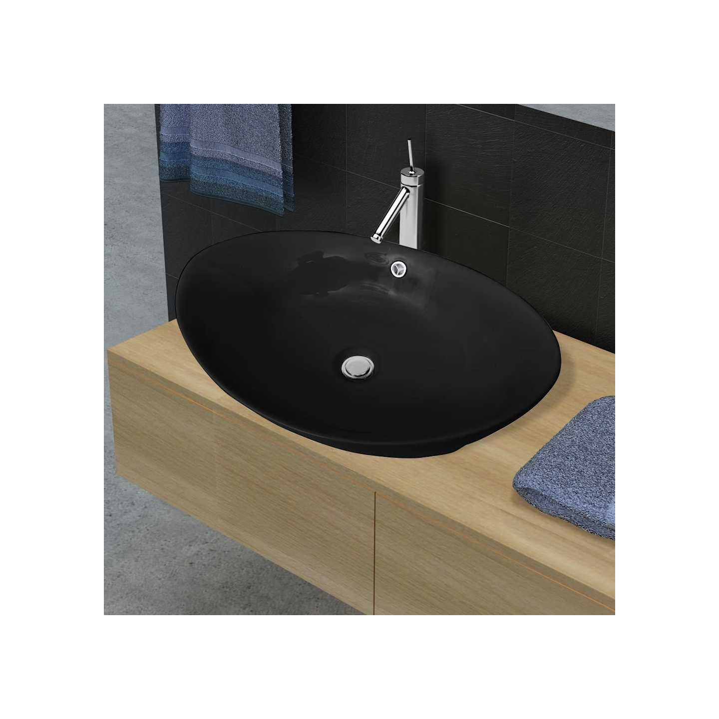 Lavabo ovale en céramique noir avec trop plein 59 x 38,5 cm
