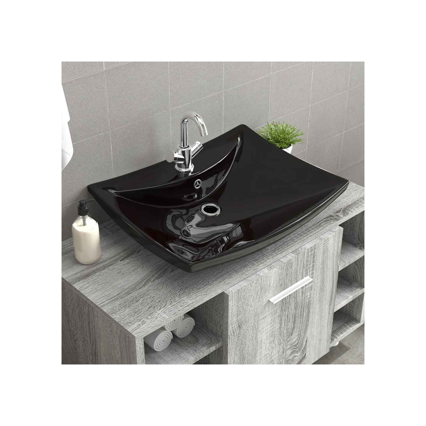 Lavabo rectangulaire en céramique noir de luxe avec trop-plein et trou
