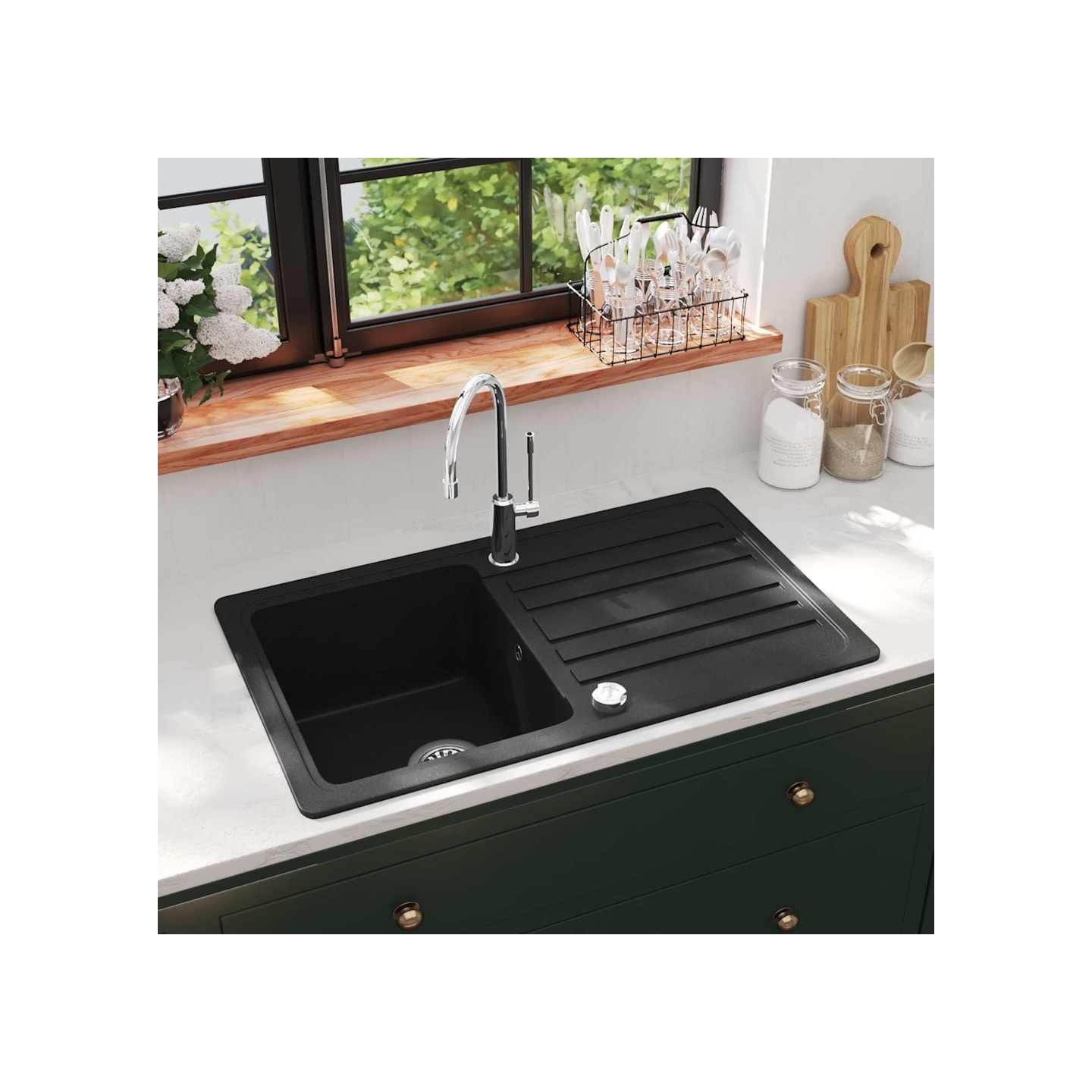 Évier de cuisine en granite avec égouttoir réversible Noir