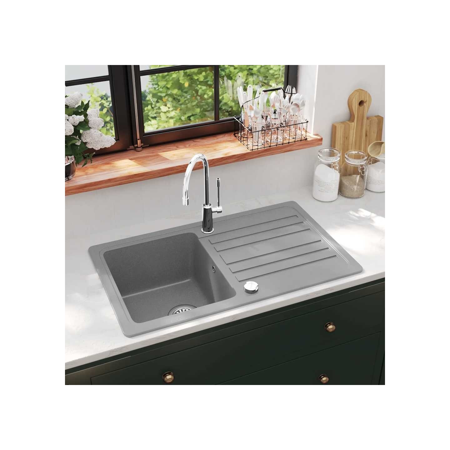Évier de cuisine en granite avec égouttoir réversible Gris