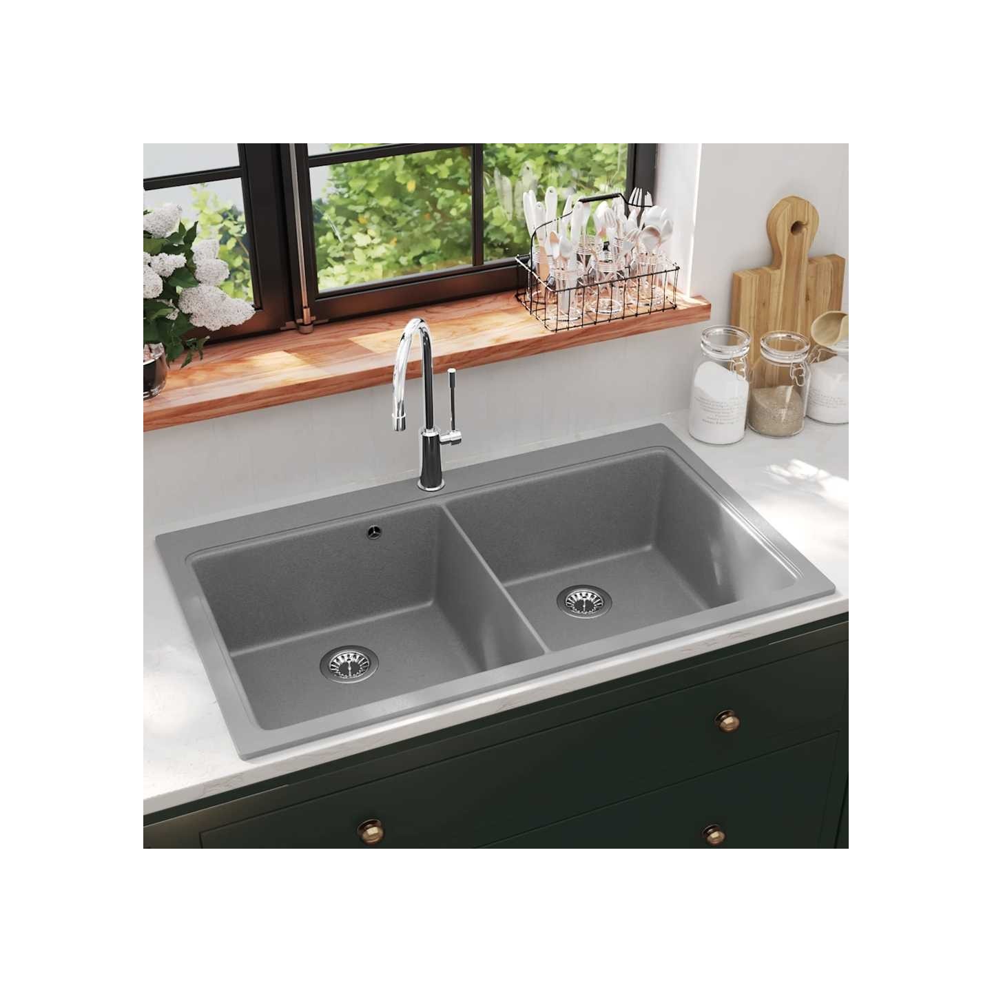 Évier de cuisine encastrable à 2 bacs en granite blanc gris