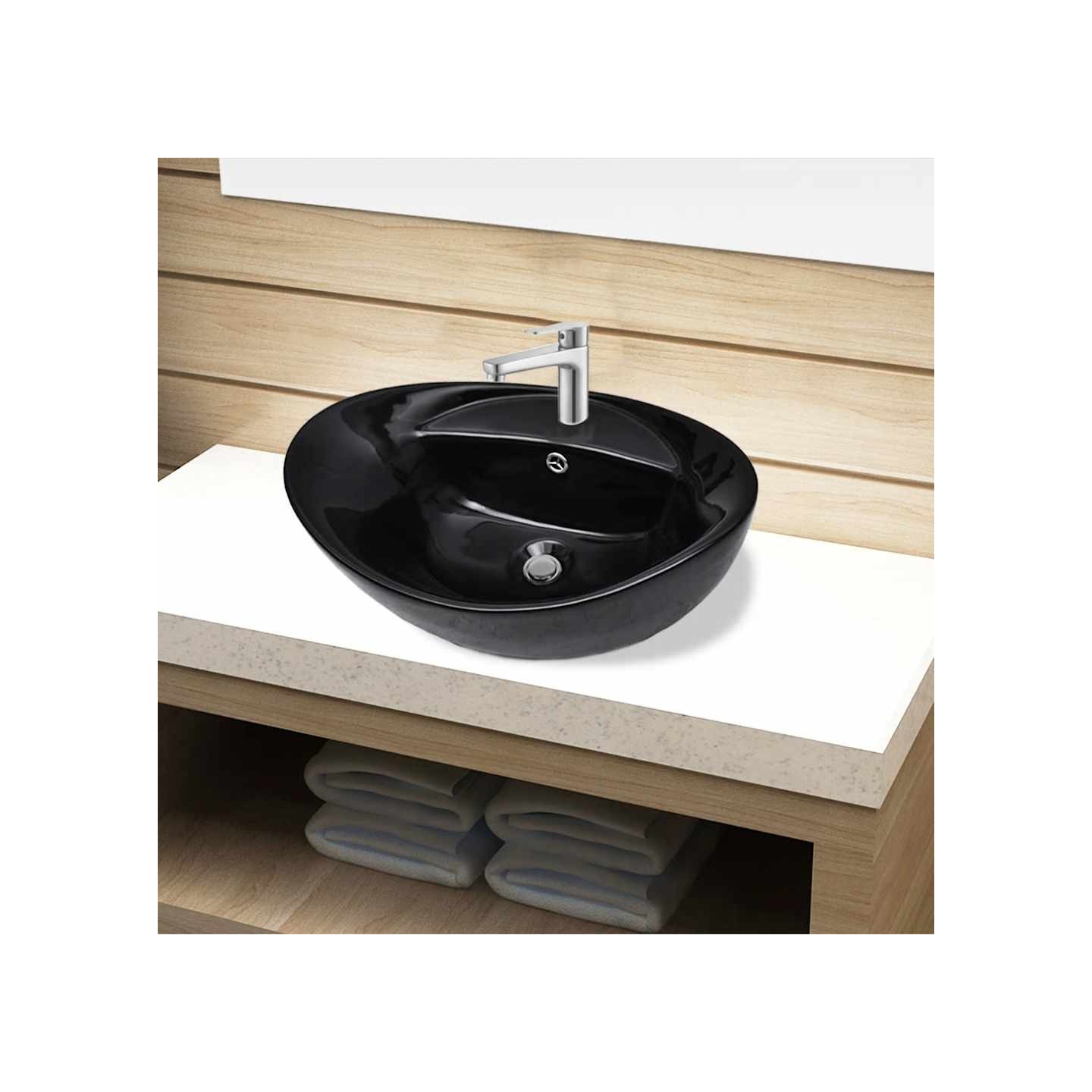 Vasque ovale à trou trop-plein/robinet céramique pour salle de bain