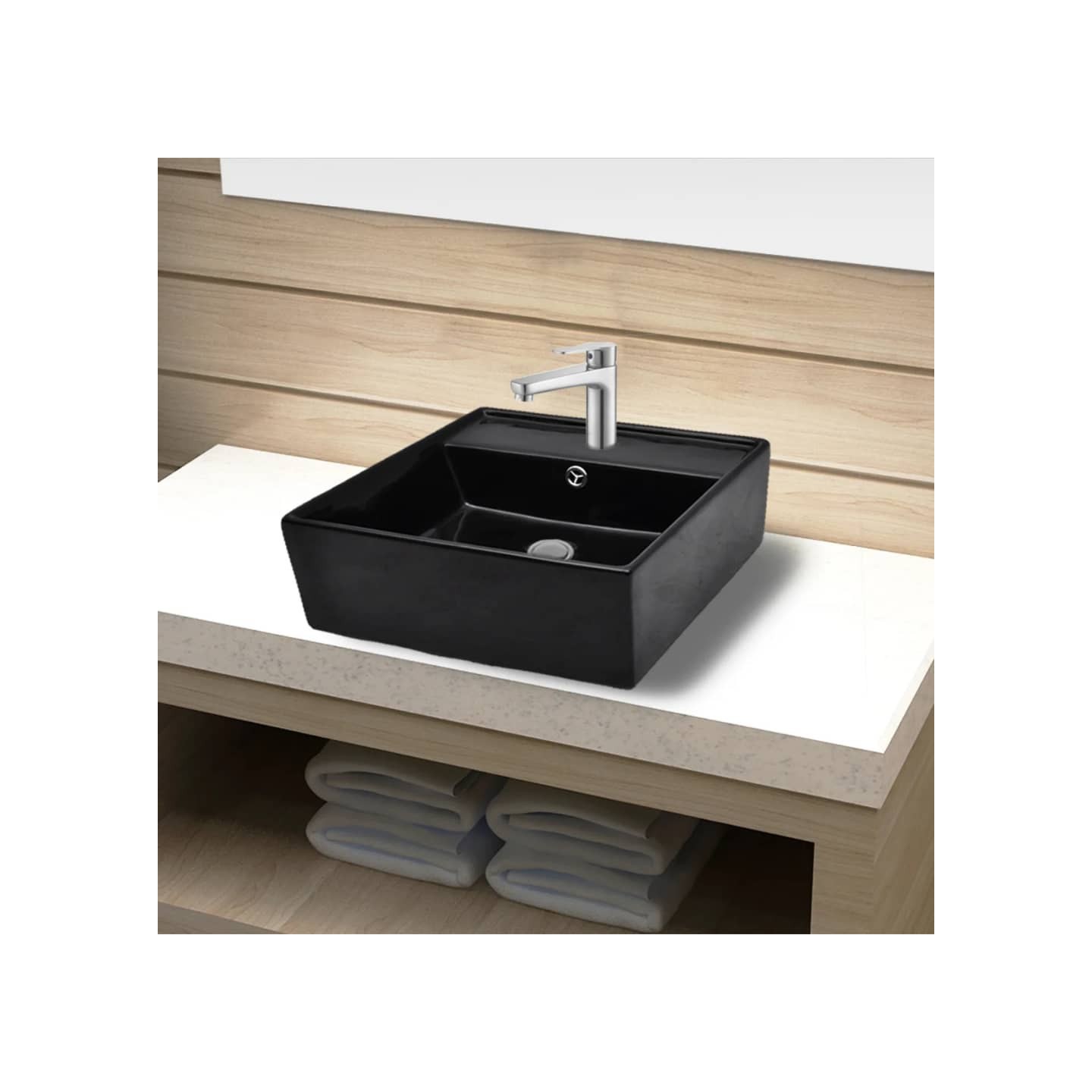 Robinet de lavabo salle de bain céramique/trou trop-plein carré noir