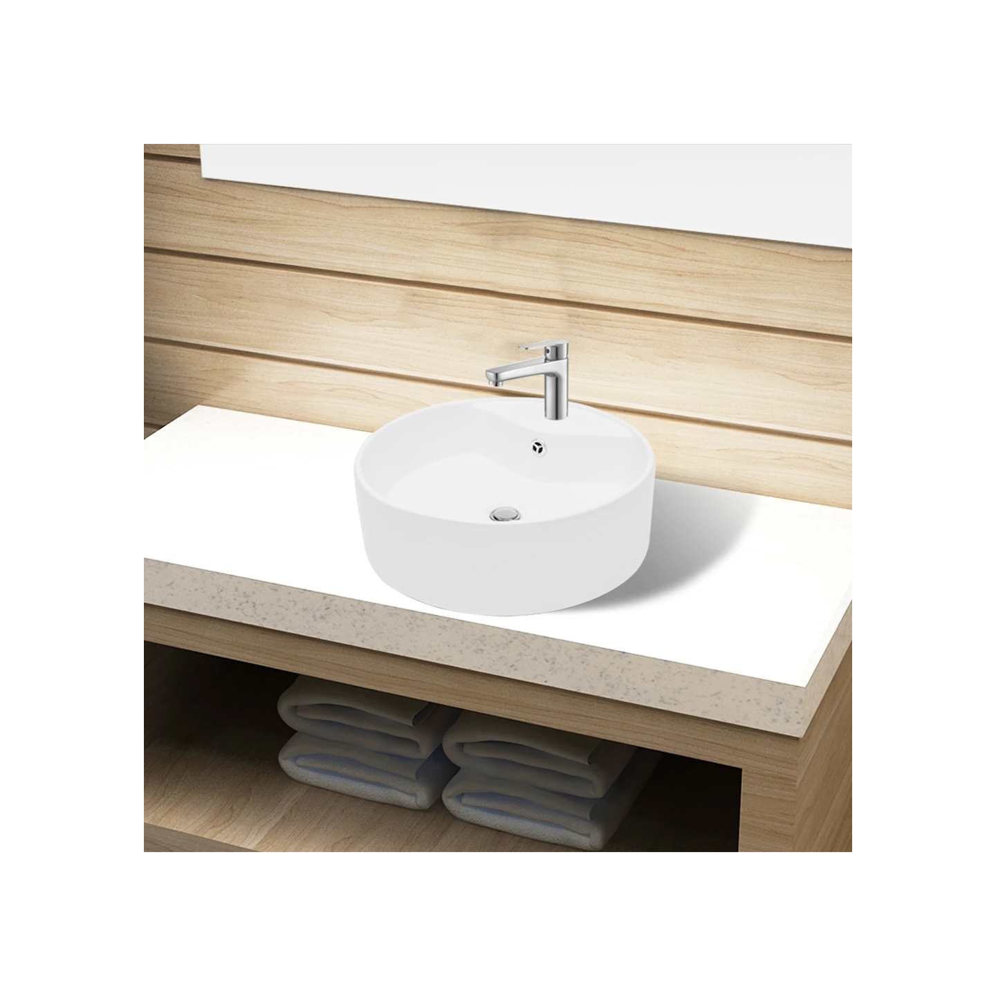 Lavabo à trou de trop-plein/robinet céramique Blanc Rond
