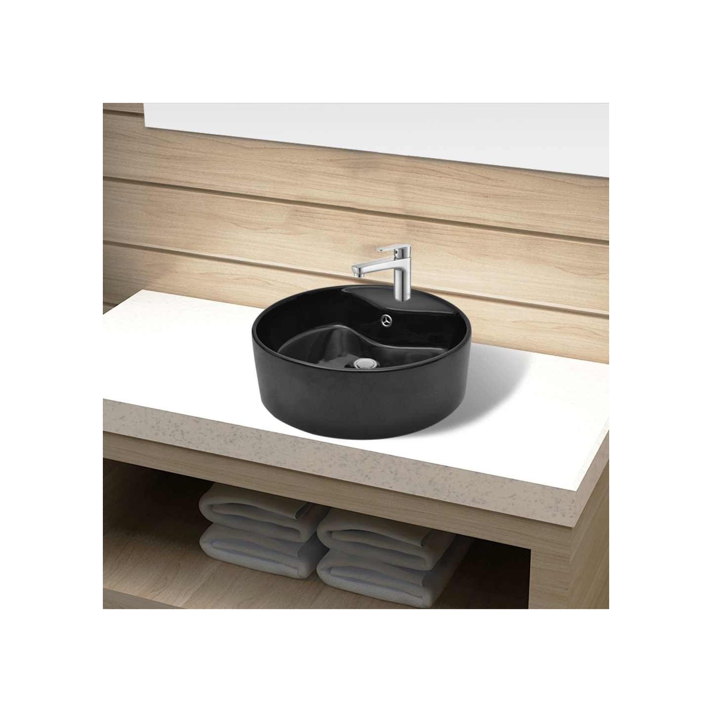 Vasque rond à trou robinet/trop-plein céramique pour salle de bain