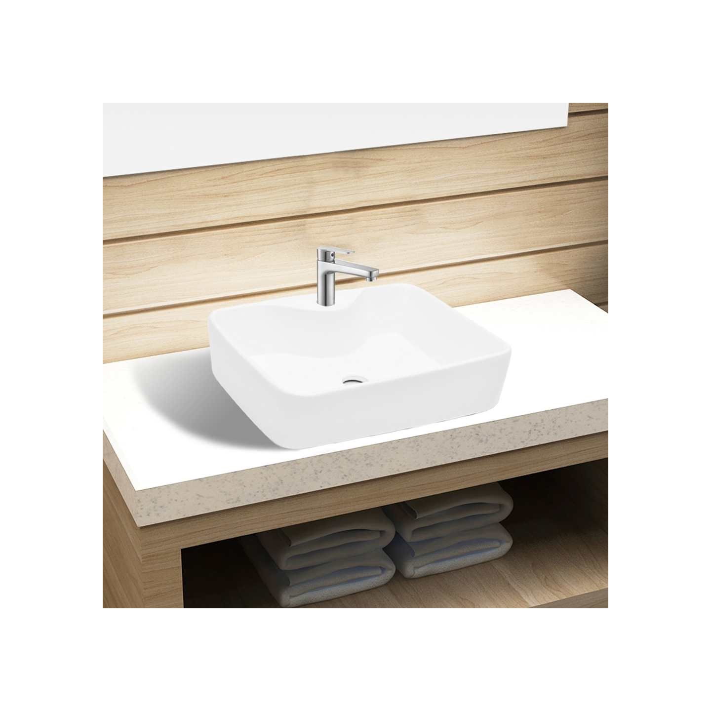 Vasque carré à trou pour robinet céramique blanc pour salle de bain