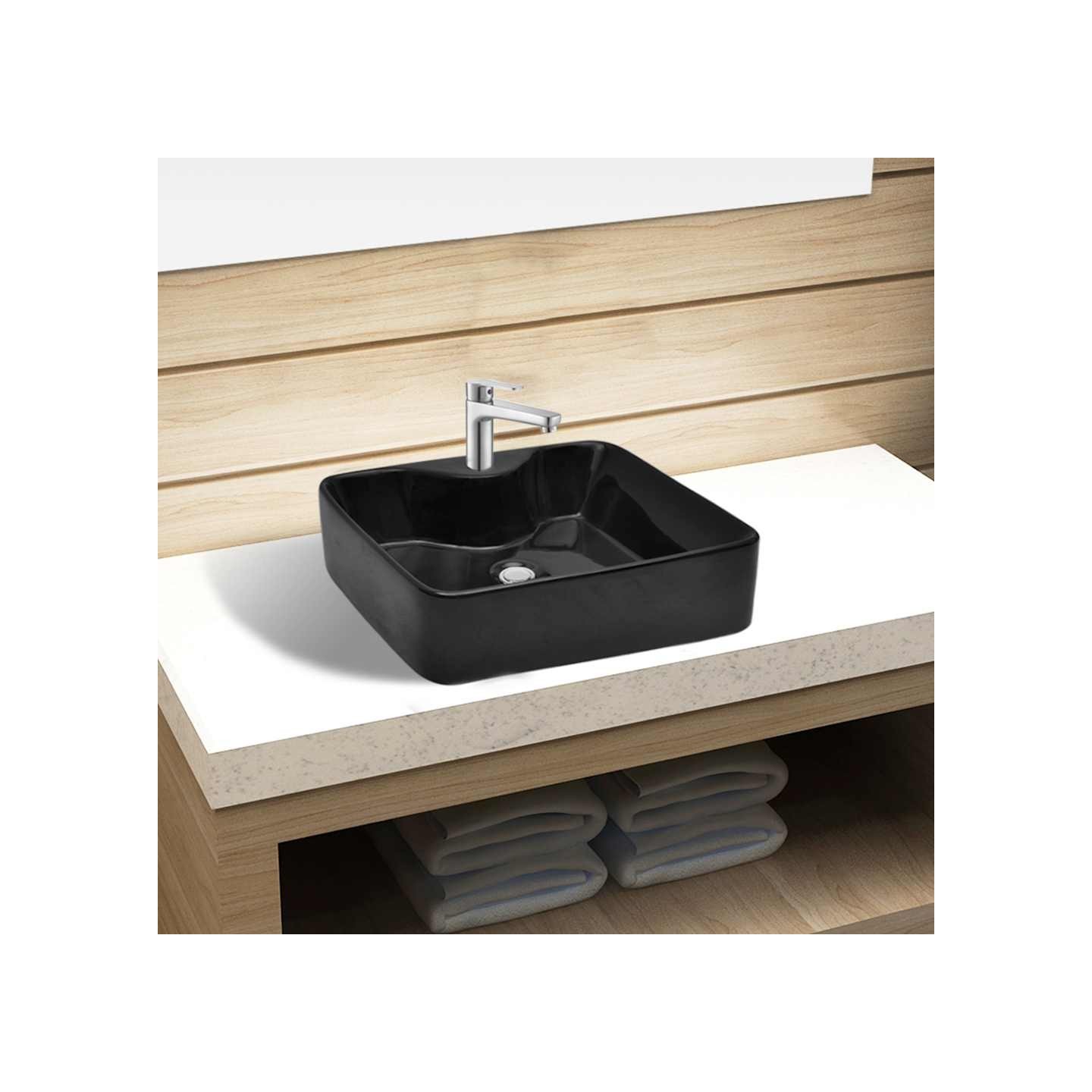 Vasque carrée à trou pour robinet céramique Noir pour salle de bain