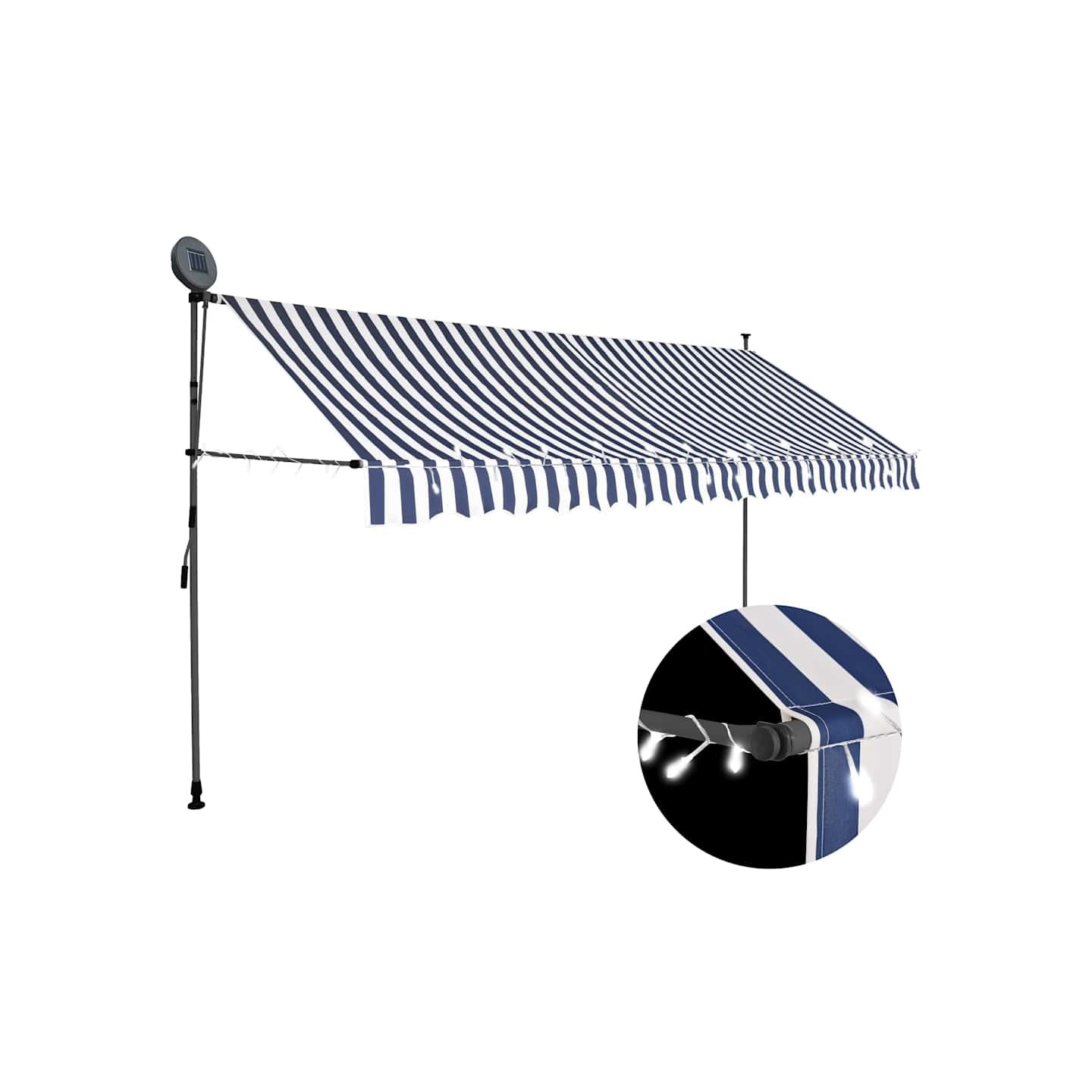 Auvent manuel rétractable avec LED 350 cm Bleu et blanc