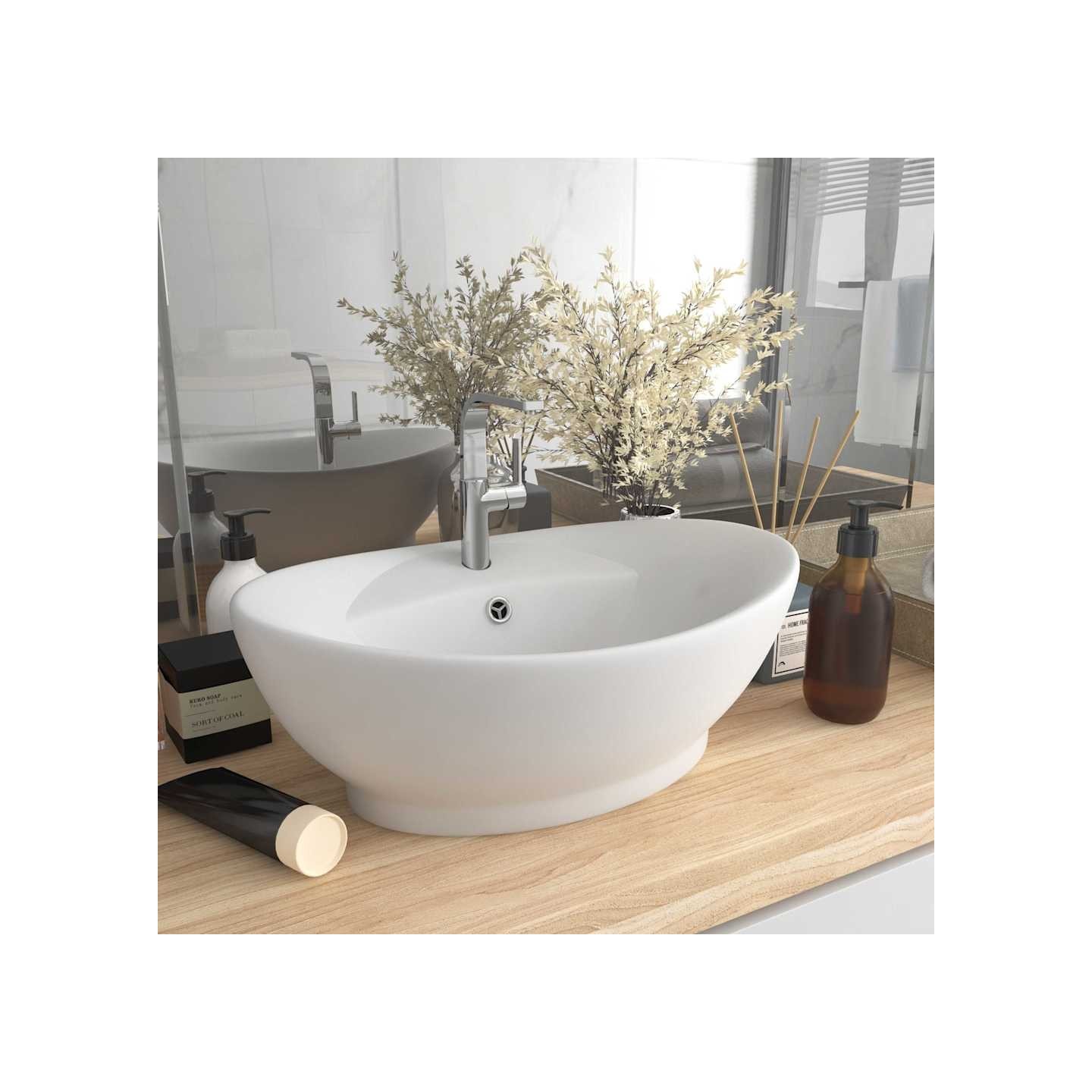 Lavabo ovale de luxe à trop-plein Blanc mat 58,5x39cm Céramique