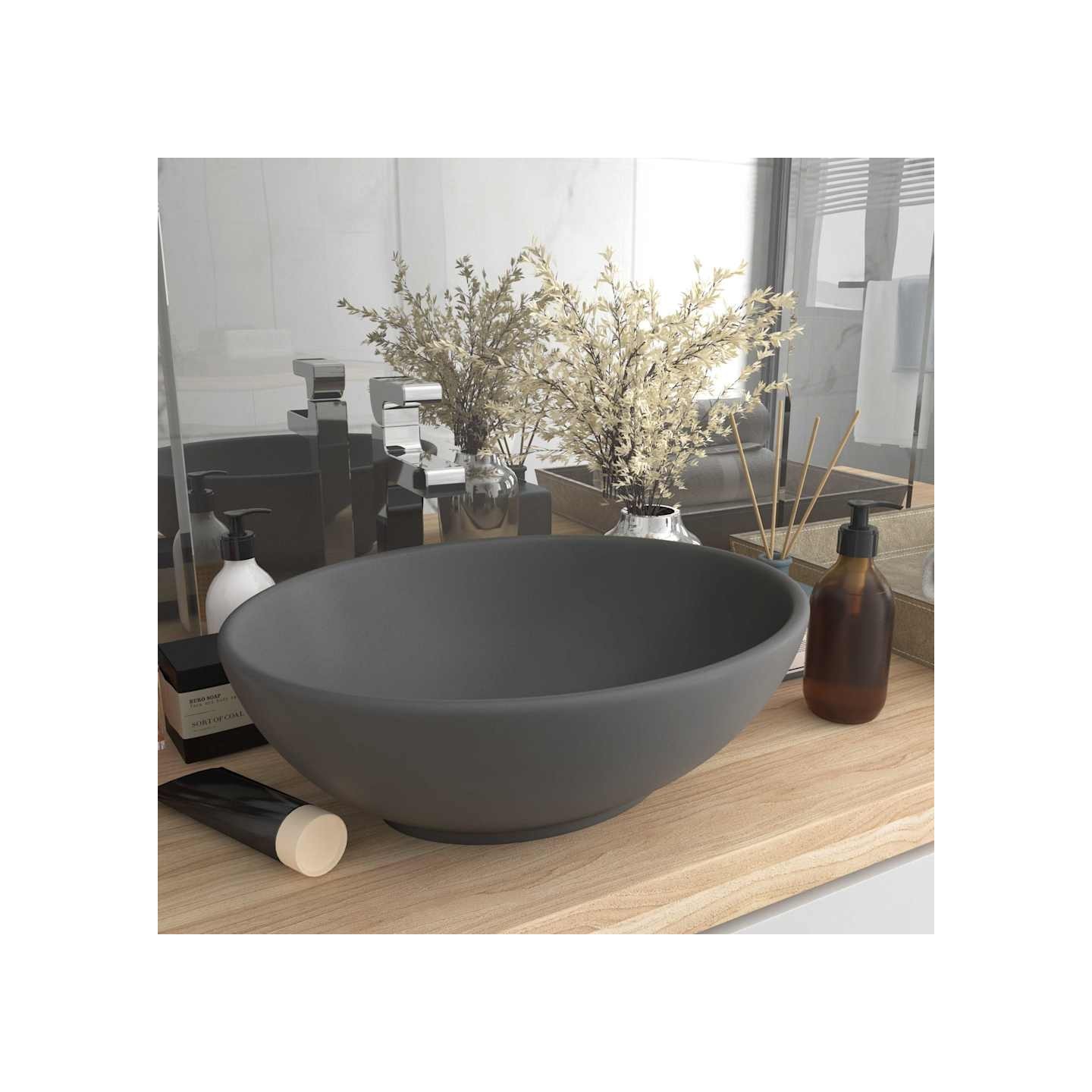 Lavabo ovale de luxe Gris foncé mat 40x33 cm Céramique