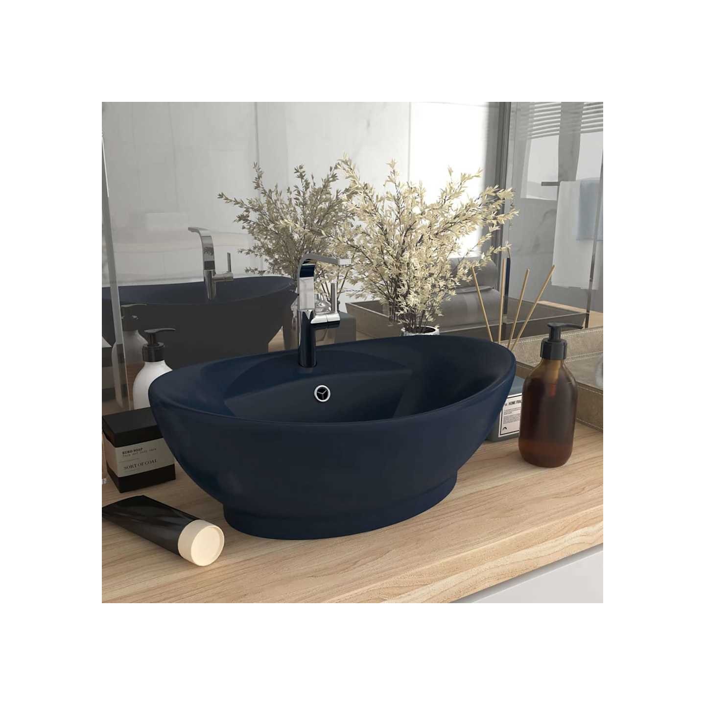 Lavabo ovale à trop-plein Bleu foncé mat 58,5x39 cm Céramique