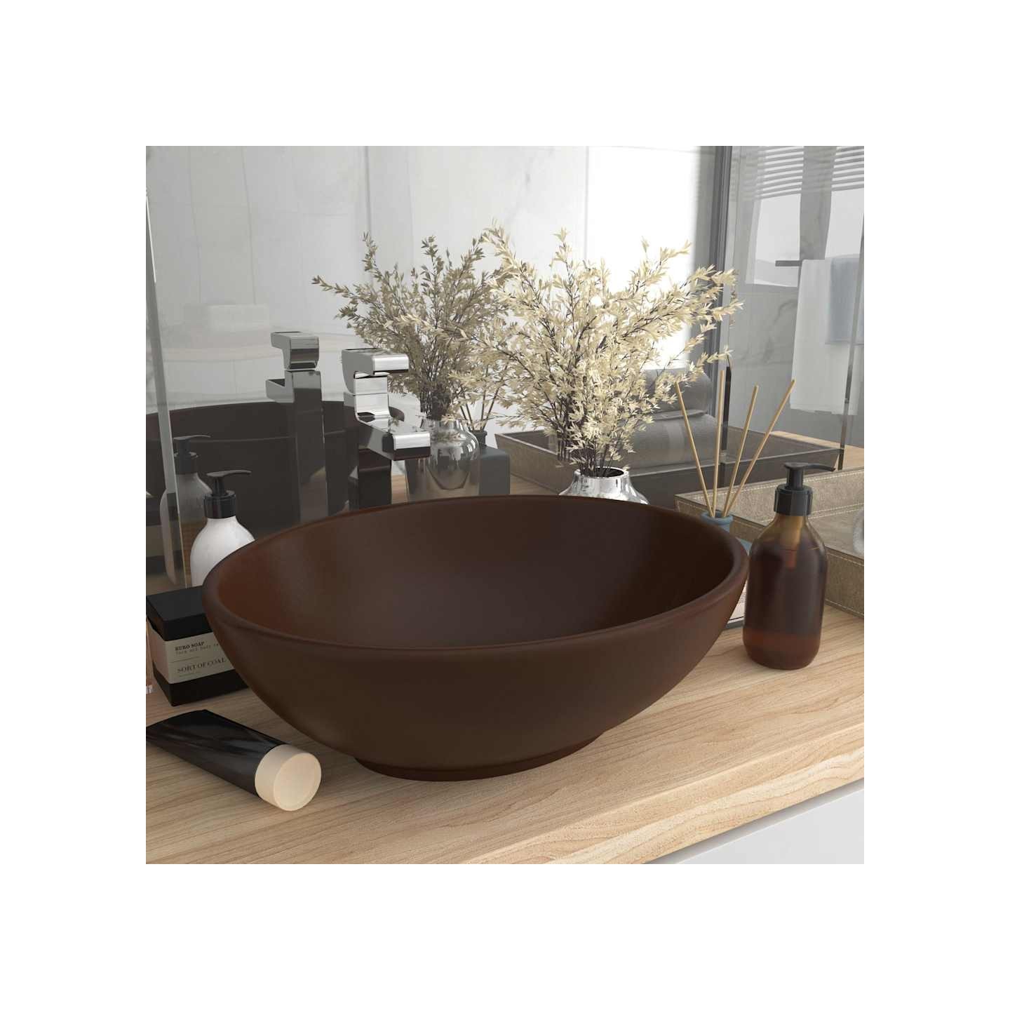 Lavabo ovale de luxe Marron foncé mat 40x33 cm Céramique