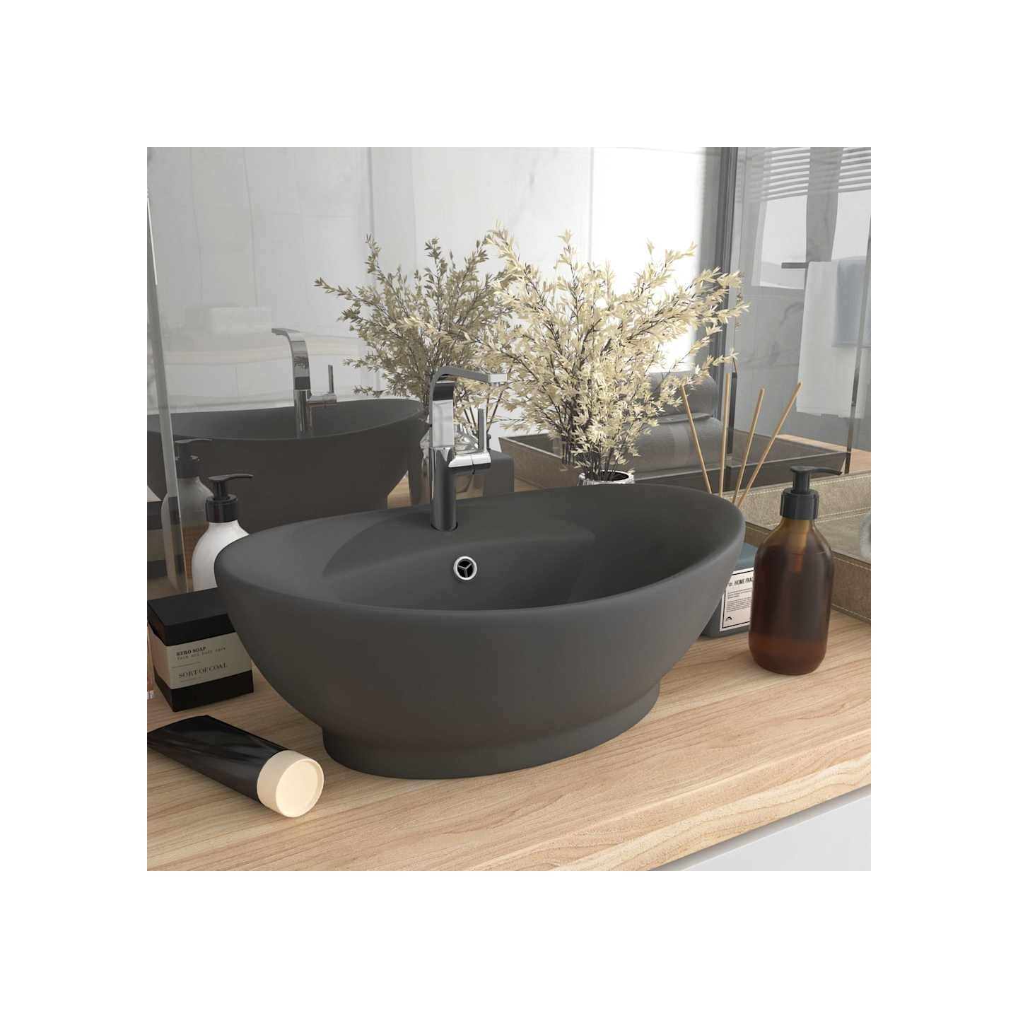 Lavabo ovale à trop-plein Gris foncé mat 58,5x39 cm Céramique