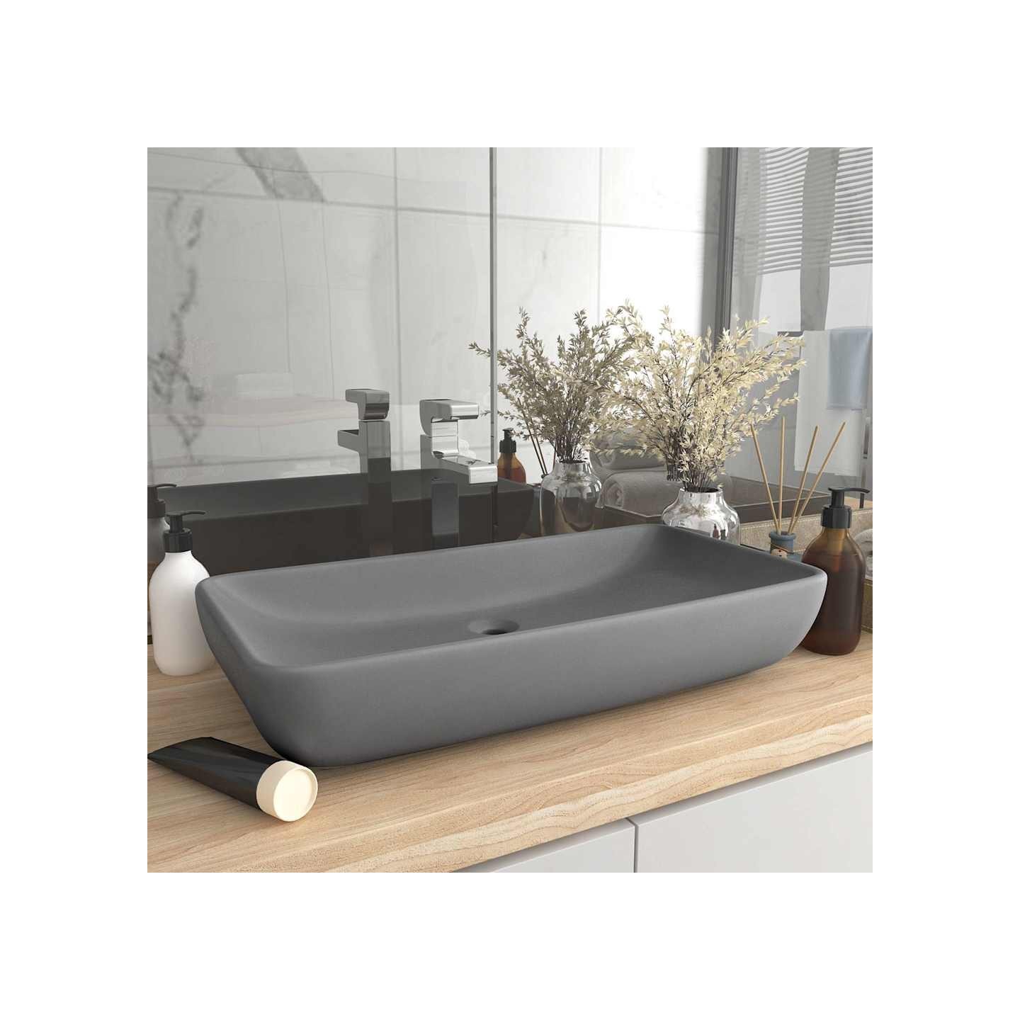 Lavabo de luxe rectangulaire Gris clair mat 71x38 cm Céramique